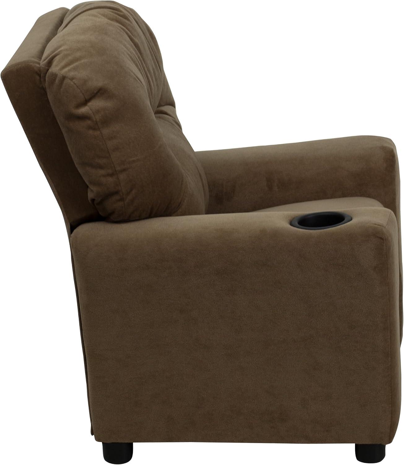 imageFlash Furniture Chandler LeatherSoft Kids Recliner with Cup Holder and Safety Recline Contemporary Reclining Chair for Kids Supports up to 90 lbs BlackBrown Microfiber