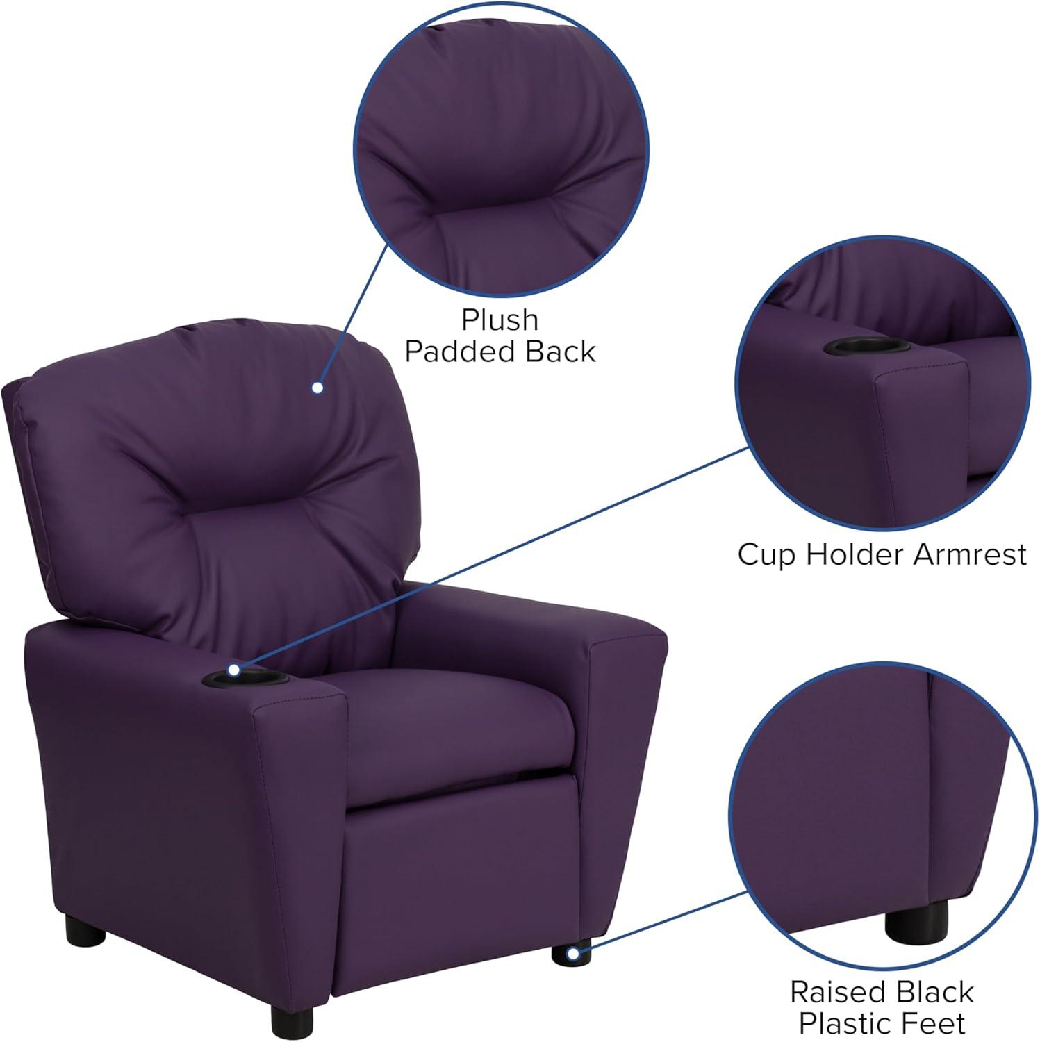 imageFlash Furniture Chandler LeatherSoft Kids Recliner with Cup Holder and Safety Recline Contemporary Reclining Chair for Kids Supports up to 90 lbs BlackPurple Vinyl