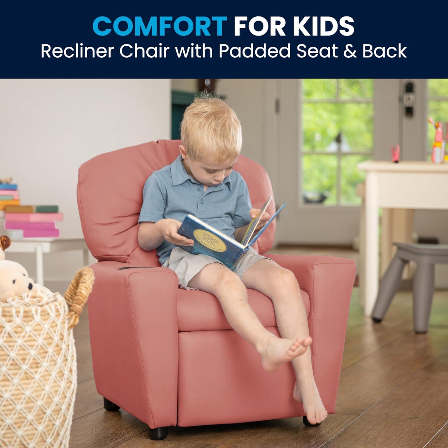 imageFlash Furniture Chandler LeatherSoft Kids Recliner with Cup Holder and Safety Recline Contemporary Reclining Chair for Kids Supports up to 90 lbs BlackPink Vinyl