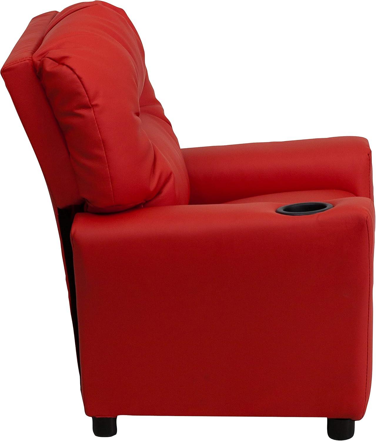 imageFlash Furniture Chandler LeatherSoft Kids Recliner with Cup Holder and Safety Recline Contemporary Reclining Chair for Kids Supports up to 90 lbs BlackRed Vinyl