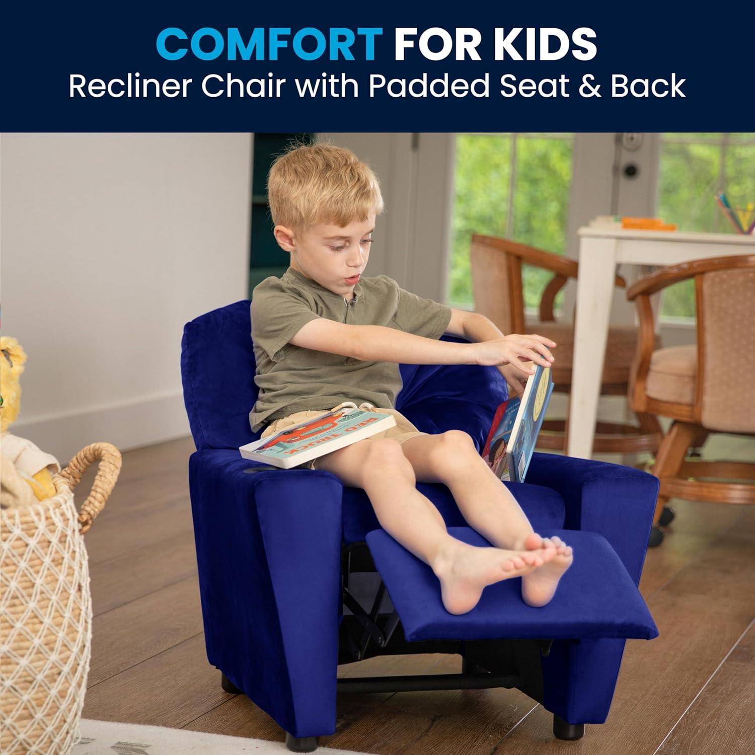 imageFlash Furniture Chandler LeatherSoft Kids Recliner with Cup Holder and Safety Recline Contemporary Reclining Chair for Kids Supports up to 90 lbs BlackBlue Microfiber