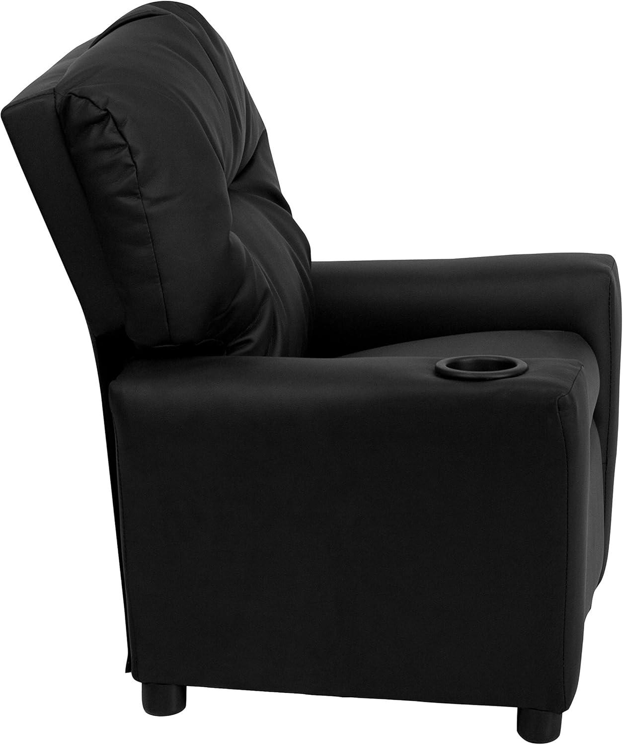 imageFlash Furniture Chandler LeatherSoft Kids Recliner with Cup Holder and Safety Recline Contemporary Reclining Chair for Kids Supports up to 90 lbs BlackBlack Leathersoft