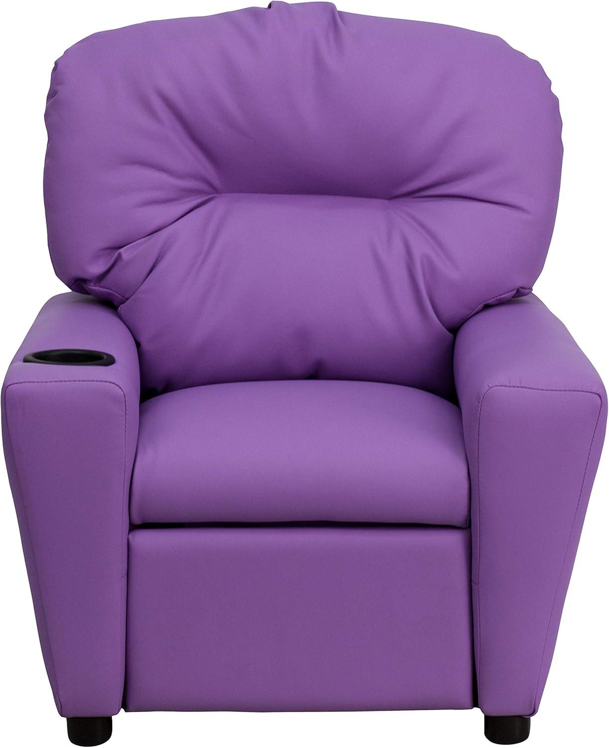 imageFlash Furniture Chandler LeatherSoft Kids Recliner with Cup Holder and Safety Recline Contemporary Reclining Chair for Kids Supports up to 90 lbs BlackLavender Vinyl
