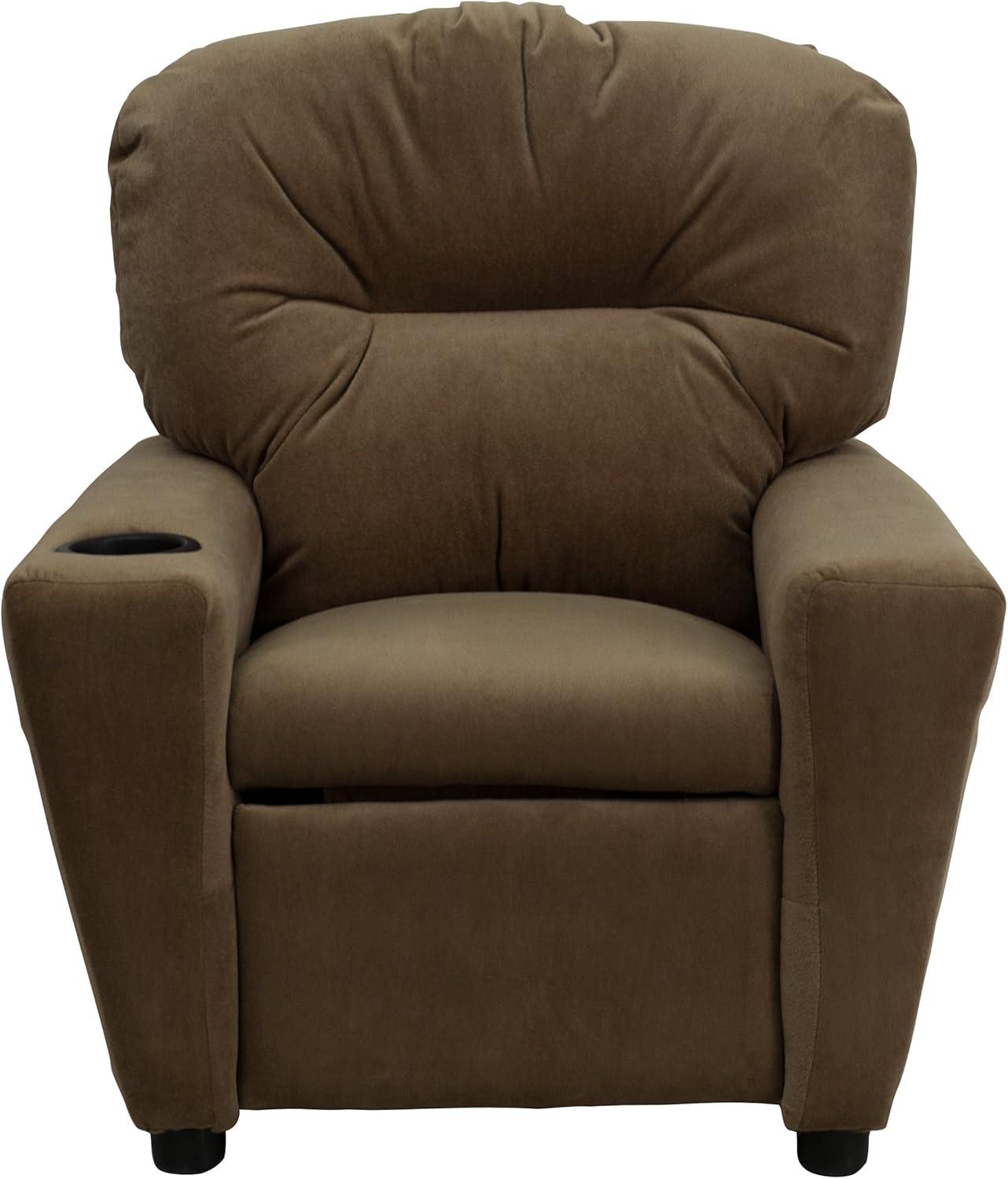 imageFlash Furniture Chandler LeatherSoft Kids Recliner with Cup Holder and Safety Recline Contemporary Reclining Chair for Kids Supports up to 90 lbs BlackBrown Microfiber