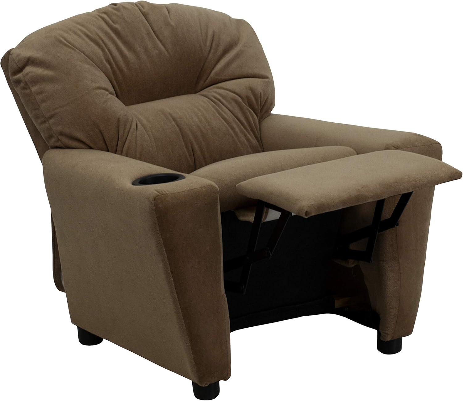 imageFlash Furniture Chandler LeatherSoft Kids Recliner with Cup Holder and Safety Recline Contemporary Reclining Chair for Kids Supports up to 90 lbs BlackBrown Microfiber