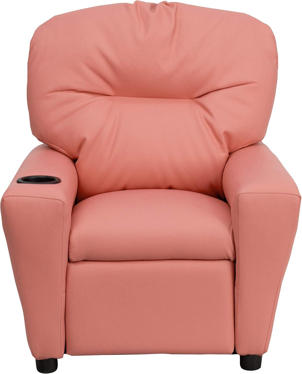 imageFlash Furniture Chandler LeatherSoft Kids Recliner with Cup Holder and Safety Recline Contemporary Reclining Chair for Kids Supports up to 90 lbs BlackPink Vinyl