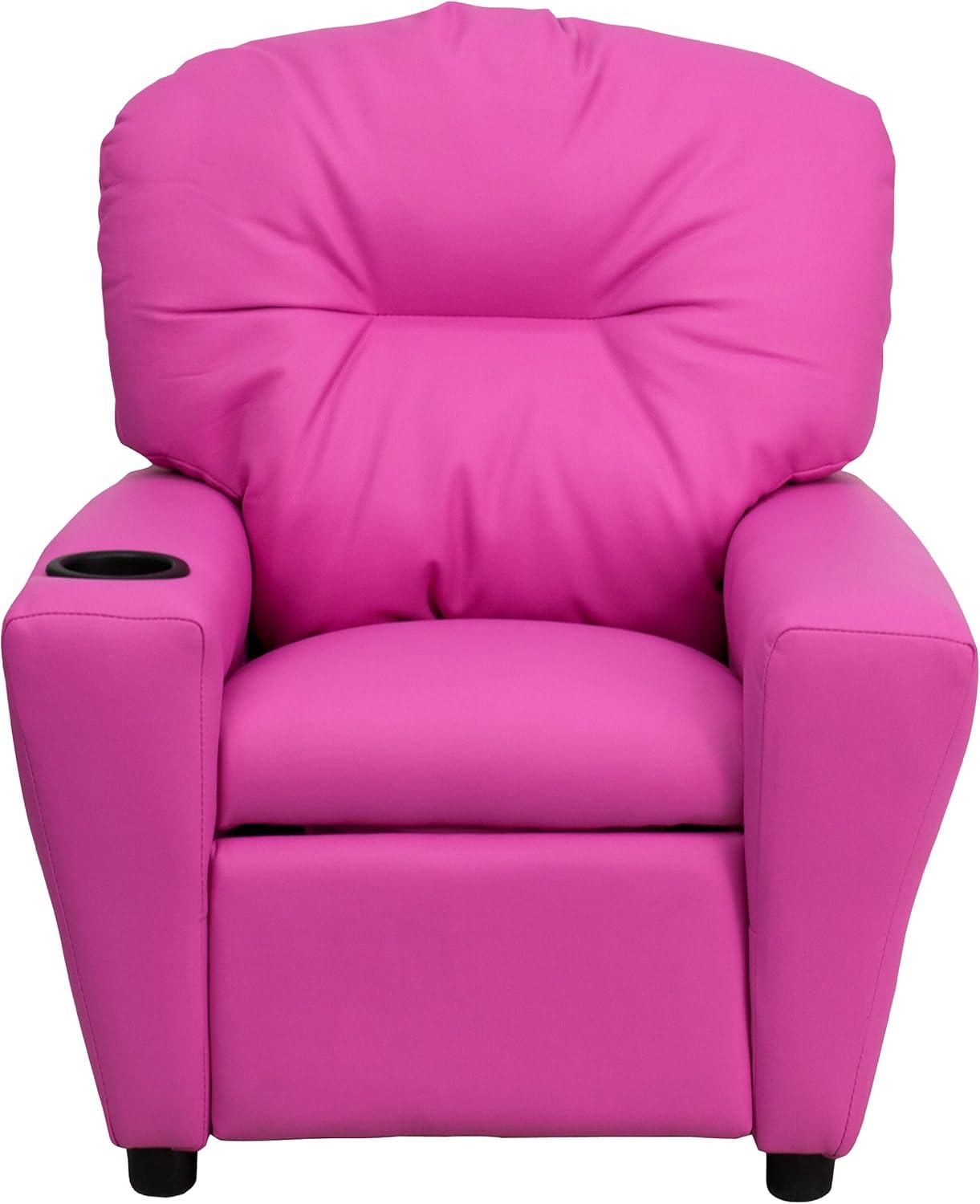 imageFlash Furniture Chandler LeatherSoft Kids Recliner with Cup Holder and Safety Recline Contemporary Reclining Chair for Kids Supports up to 90 lbs BlackHot Pink Vinyl