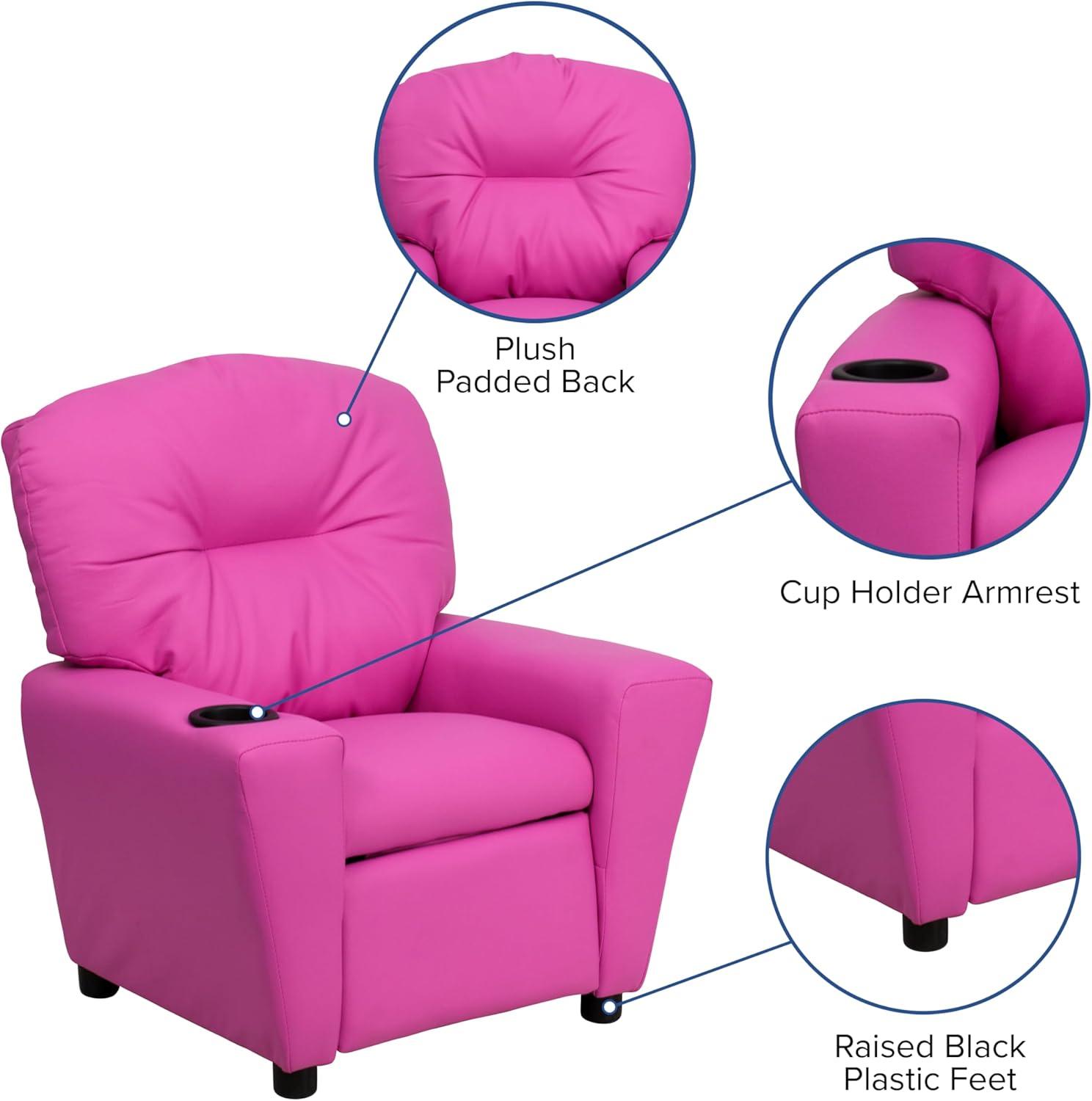 imageFlash Furniture Chandler LeatherSoft Kids Recliner with Cup Holder and Safety Recline Contemporary Reclining Chair for Kids Supports up to 90 lbs BlackHot Pink Vinyl