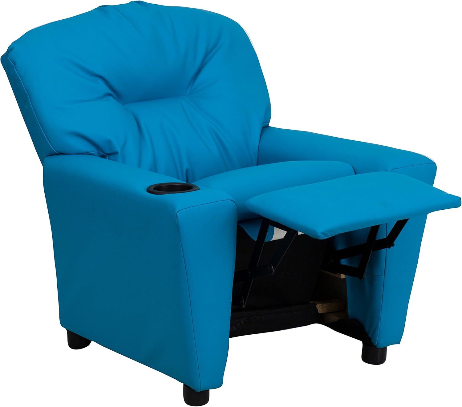 imageFlash Furniture Chandler LeatherSoft Kids Recliner with Cup Holder and Safety Recline Contemporary Reclining Chair for Kids Supports up to 90 lbs BlackTurquoise Vinyl