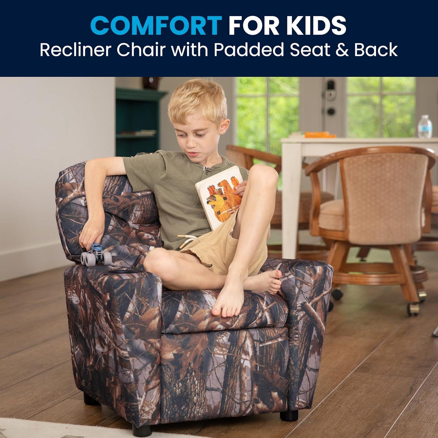 imageFlash Furniture Chandler LeatherSoft Kids Recliner with Cup Holder and Safety Recline Contemporary Reclining Chair for Kids Supports up to 90 lbs BlackCamouflage Fabric