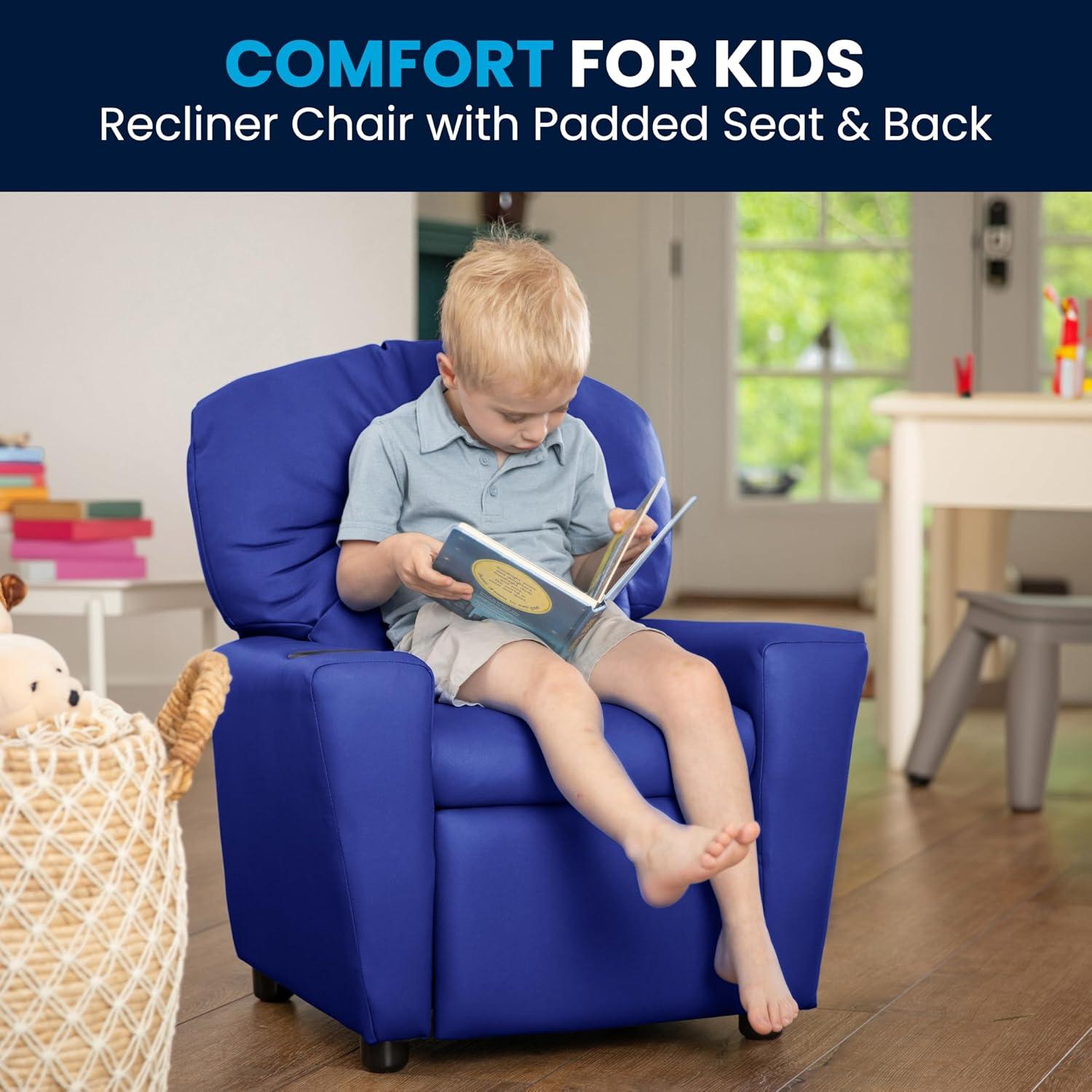 imageFlash Furniture Chandler LeatherSoft Kids Recliner with Cup Holder and Safety Recline Contemporary Reclining Chair for Kids Supports up to 90 lbs BlackBlue Vinyl