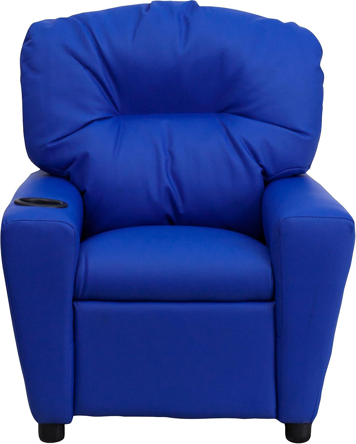 imageFlash Furniture Chandler LeatherSoft Kids Recliner with Cup Holder and Safety Recline Contemporary Reclining Chair for Kids Supports up to 90 lbs BlackBlue Vinyl
