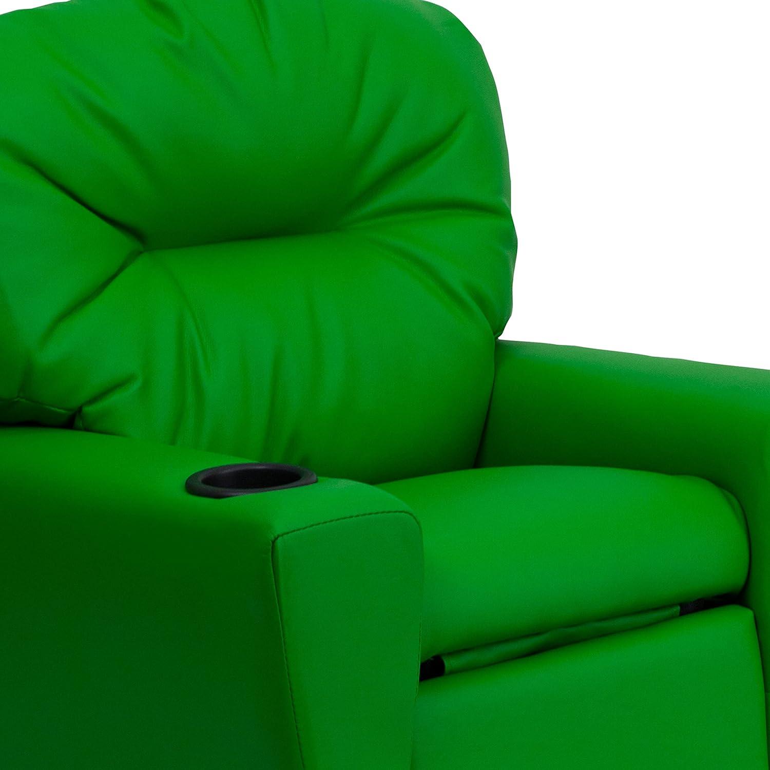 imageFlash Furniture Chandler LeatherSoft Kids Recliner with Cup Holder and Safety Recline Contemporary Reclining Chair for Kids Supports up to 90 lbs BlackGreen Vinyl