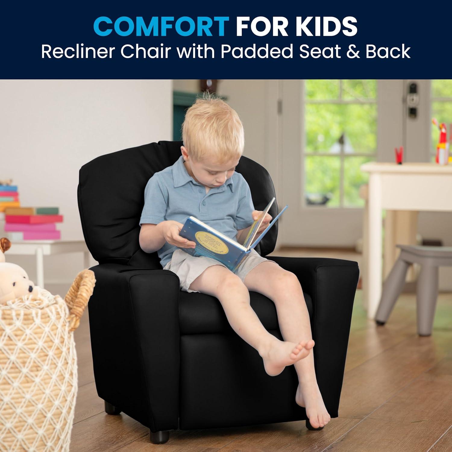 imageFlash Furniture Chandler LeatherSoft Kids Recliner with Cup Holder and Safety Recline Contemporary Reclining Chair for Kids Supports up to 90 lbs BlackBlack Leathersoft