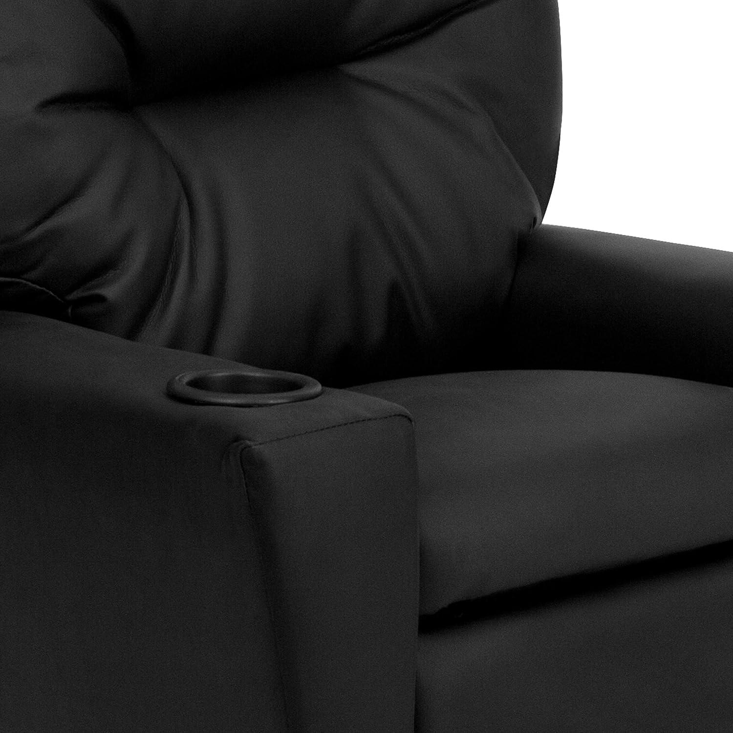 imageFlash Furniture Chandler LeatherSoft Kids Recliner with Cup Holder and Safety Recline Contemporary Reclining Chair for Kids Supports up to 90 lbs BlackBlack Leathersoft