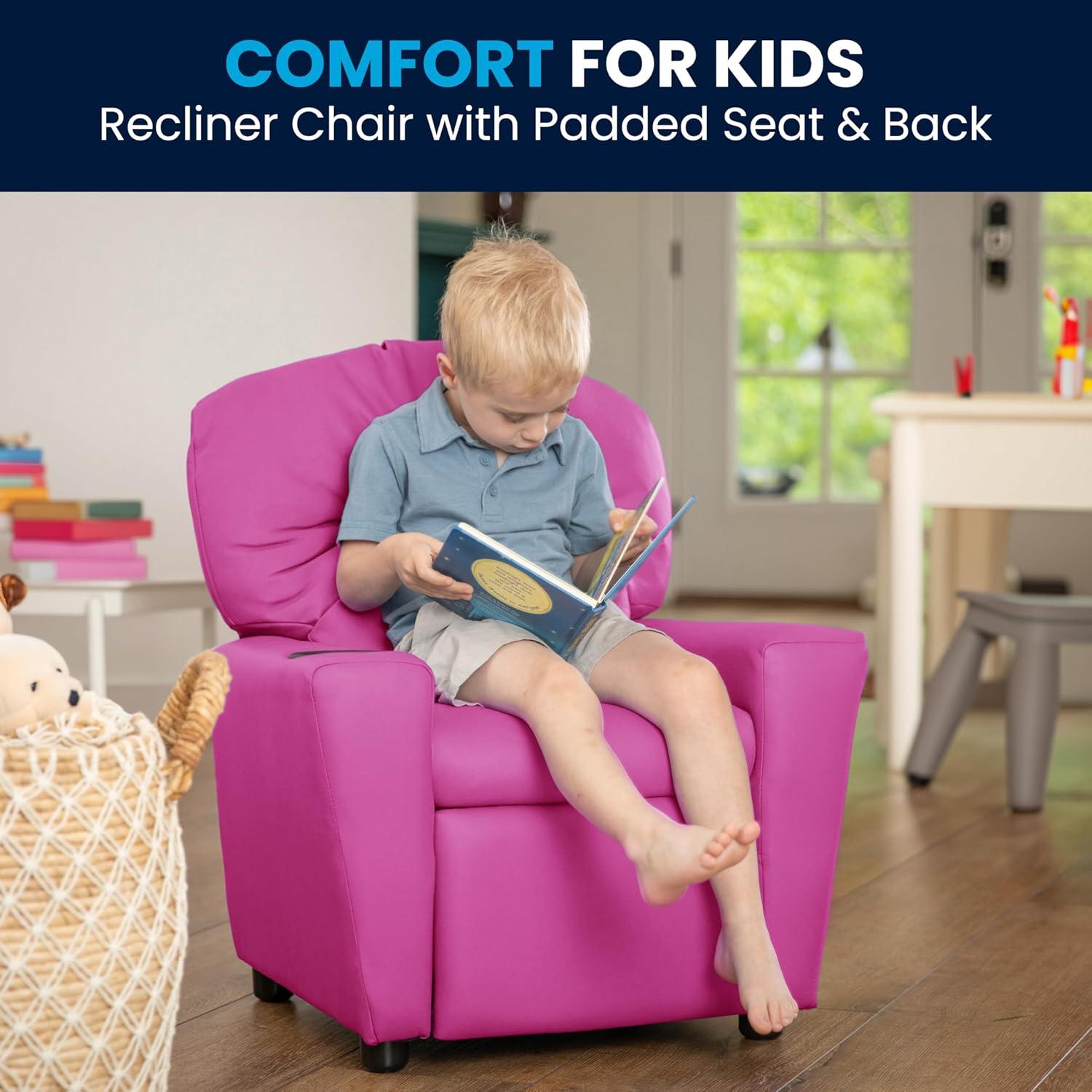 imageFlash Furniture Chandler LeatherSoft Kids Recliner with Cup Holder and Safety Recline Contemporary Reclining Chair for Kids Supports up to 90 lbs BlackHot Pink Vinyl