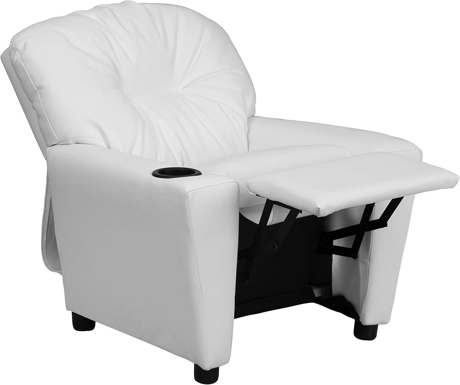 imageFlash Furniture Chandler LeatherSoft Kids Recliner with Cup Holder and Safety Recline Contemporary Reclining Chair for Kids Supports up to 90 lbs BlackWhite Vinyl