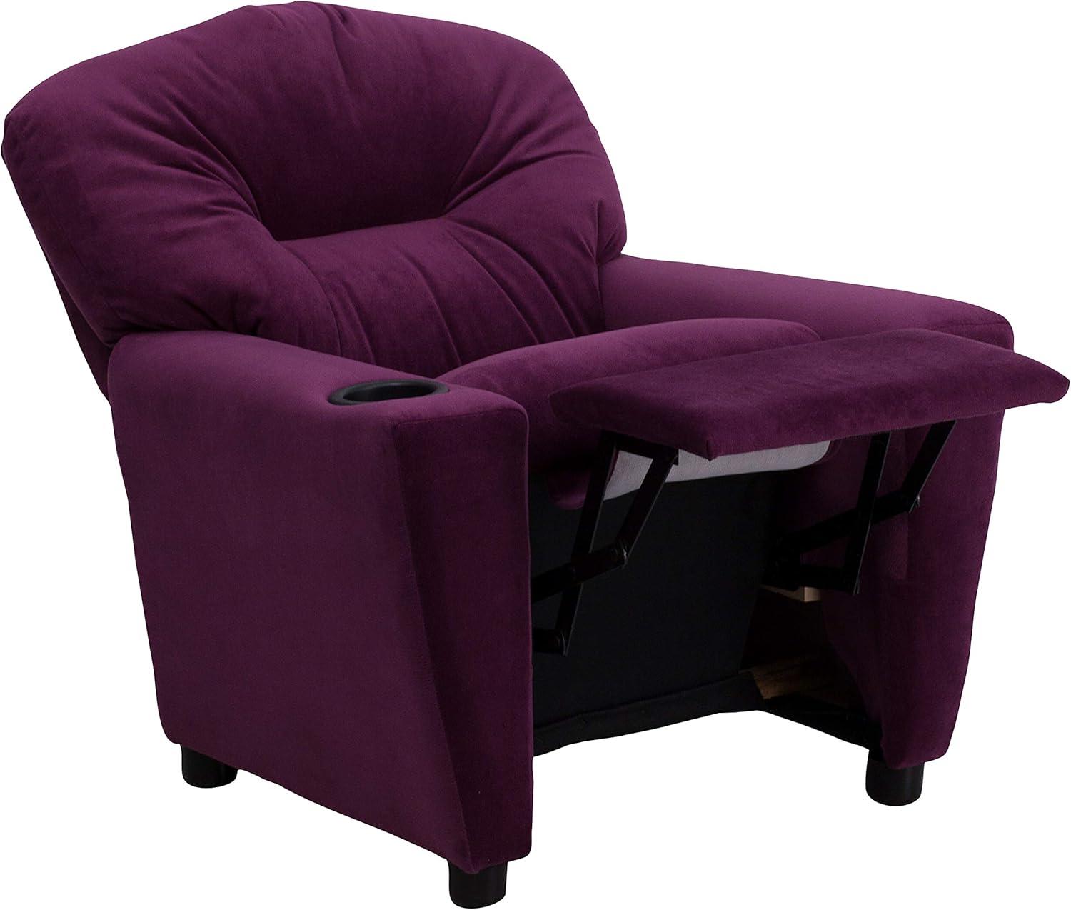 imageFlash Furniture Chandler LeatherSoft Kids Recliner with Cup Holder and Safety Recline Contemporary Reclining Chair for Kids Supports up to 90 lbs BlackPurple Microfiber
