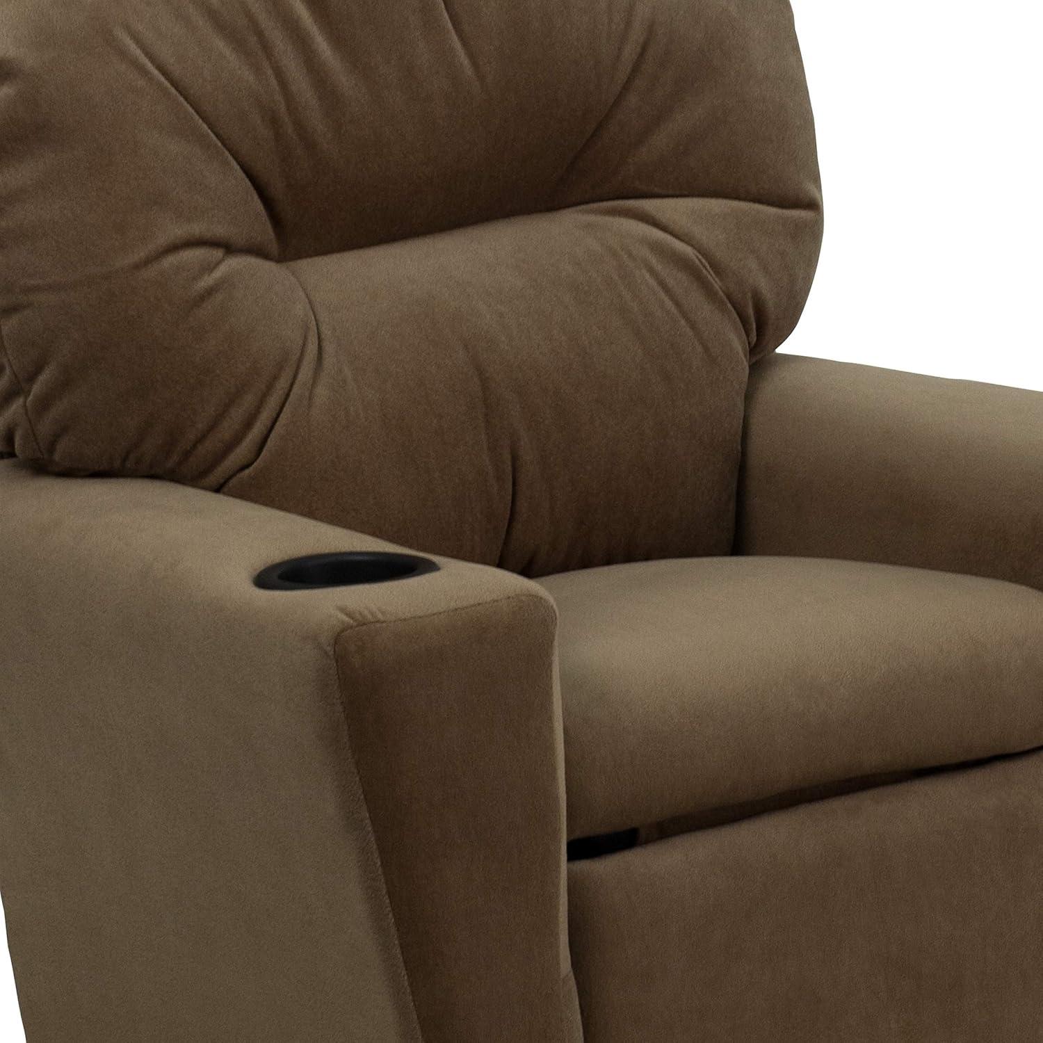 imageFlash Furniture Chandler LeatherSoft Kids Recliner with Cup Holder and Safety Recline Contemporary Reclining Chair for Kids Supports up to 90 lbs BlackBrown Microfiber