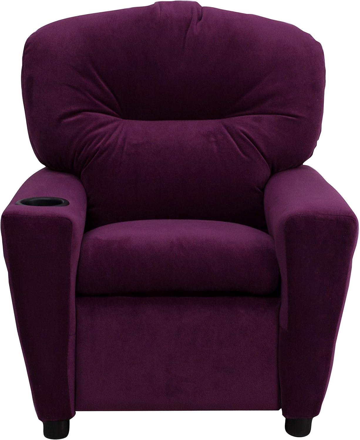 imageFlash Furniture Chandler LeatherSoft Kids Recliner with Cup Holder and Safety Recline Contemporary Reclining Chair for Kids Supports up to 90 lbs BlackPurple Microfiber