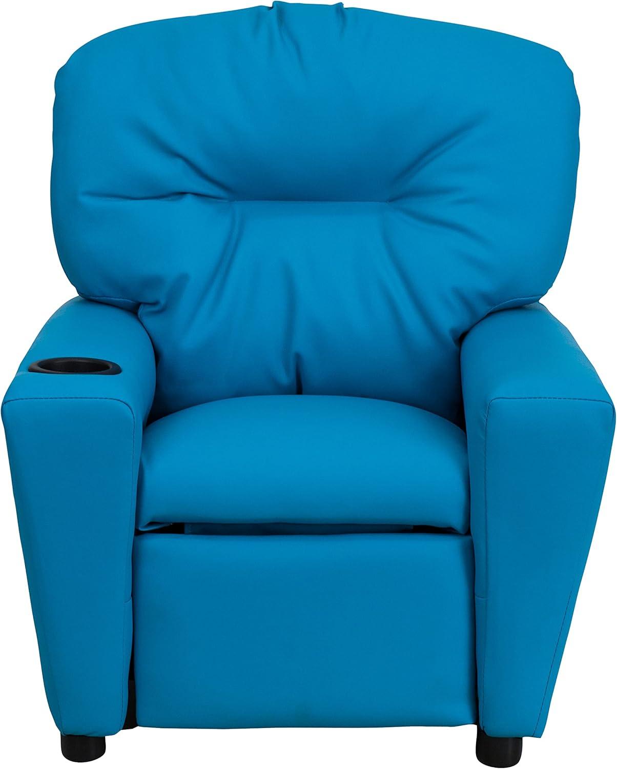 imageFlash Furniture Chandler LeatherSoft Kids Recliner with Cup Holder and Safety Recline Contemporary Reclining Chair for Kids Supports up to 90 lbs BlackTurquoise Vinyl