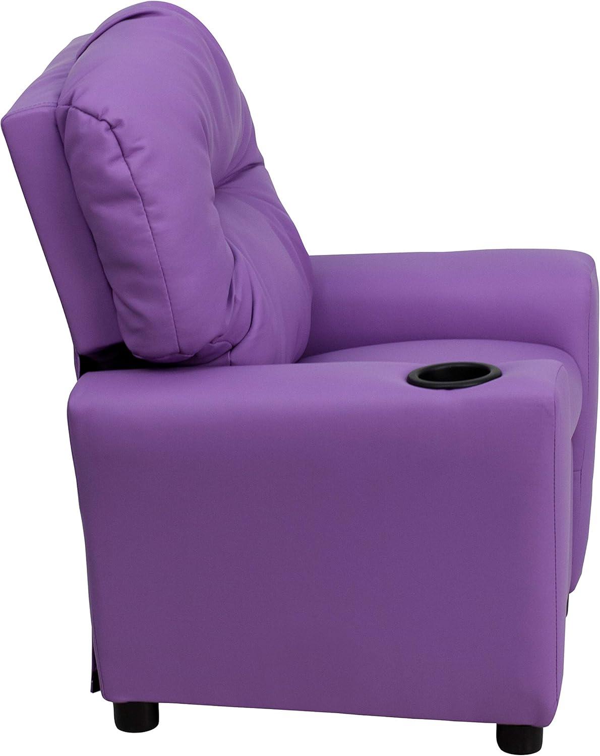 imageFlash Furniture Chandler LeatherSoft Kids Recliner with Cup Holder and Safety Recline Contemporary Reclining Chair for Kids Supports up to 90 lbs BlackLavender Vinyl