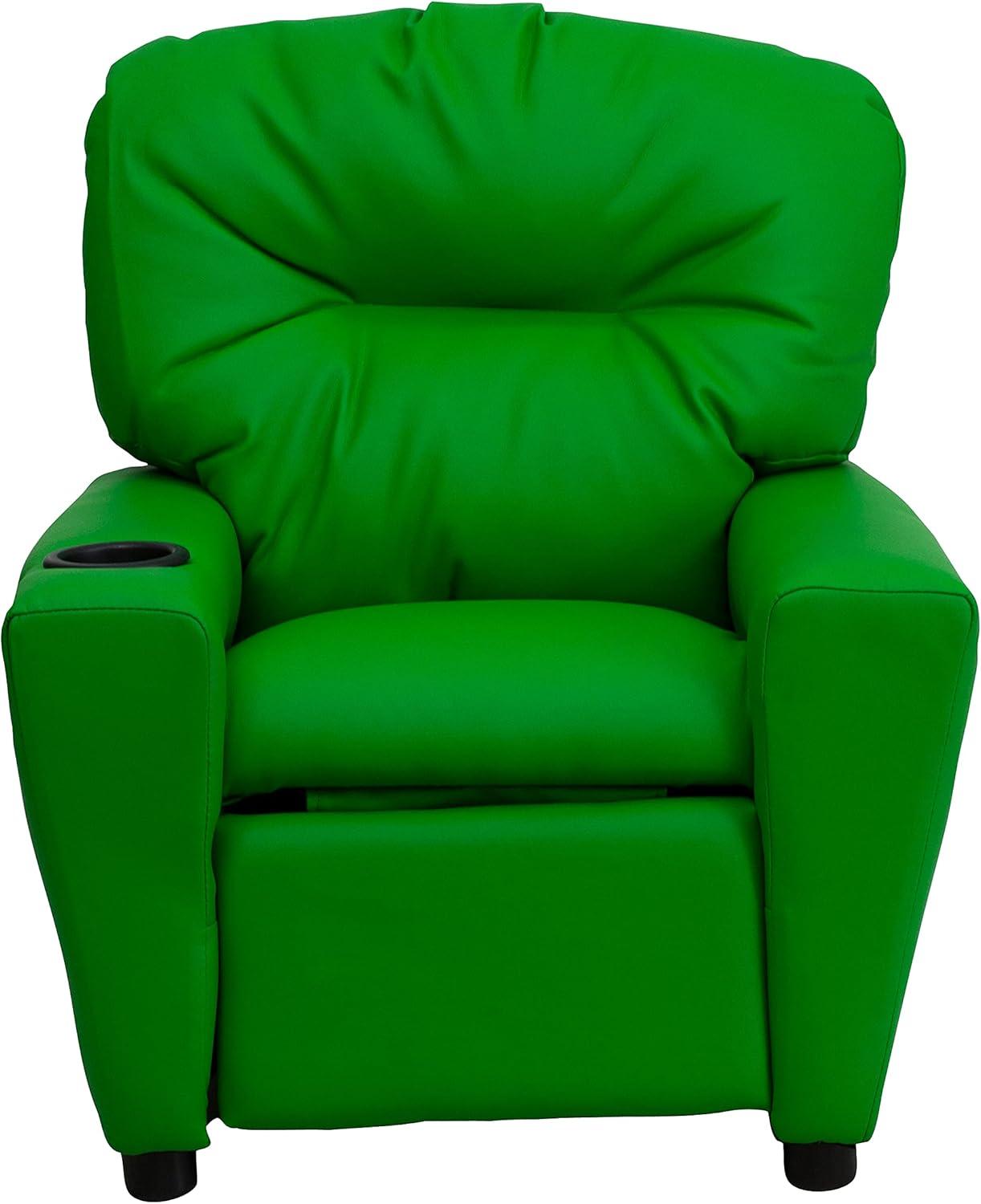 imageFlash Furniture Chandler LeatherSoft Kids Recliner with Cup Holder and Safety Recline Contemporary Reclining Chair for Kids Supports up to 90 lbs BlackGreen Vinyl