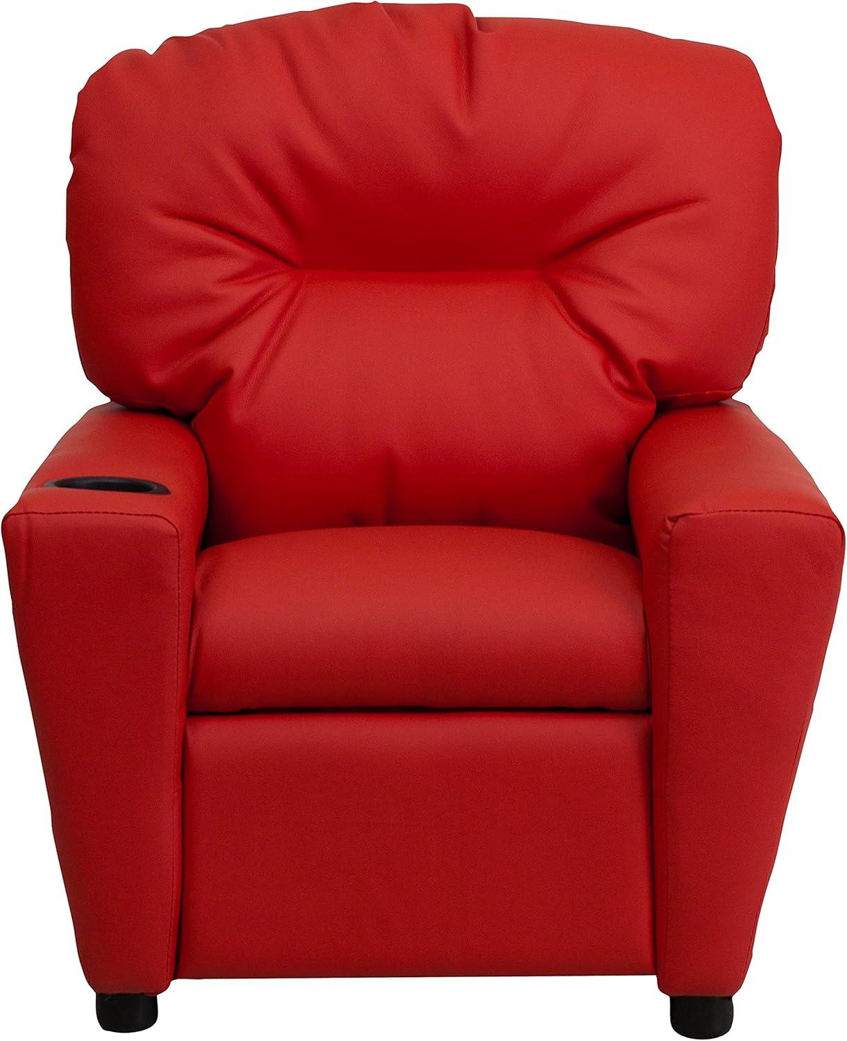 imageFlash Furniture Chandler LeatherSoft Kids Recliner with Cup Holder and Safety Recline Contemporary Reclining Chair for Kids Supports up to 90 lbs BlackRed Vinyl