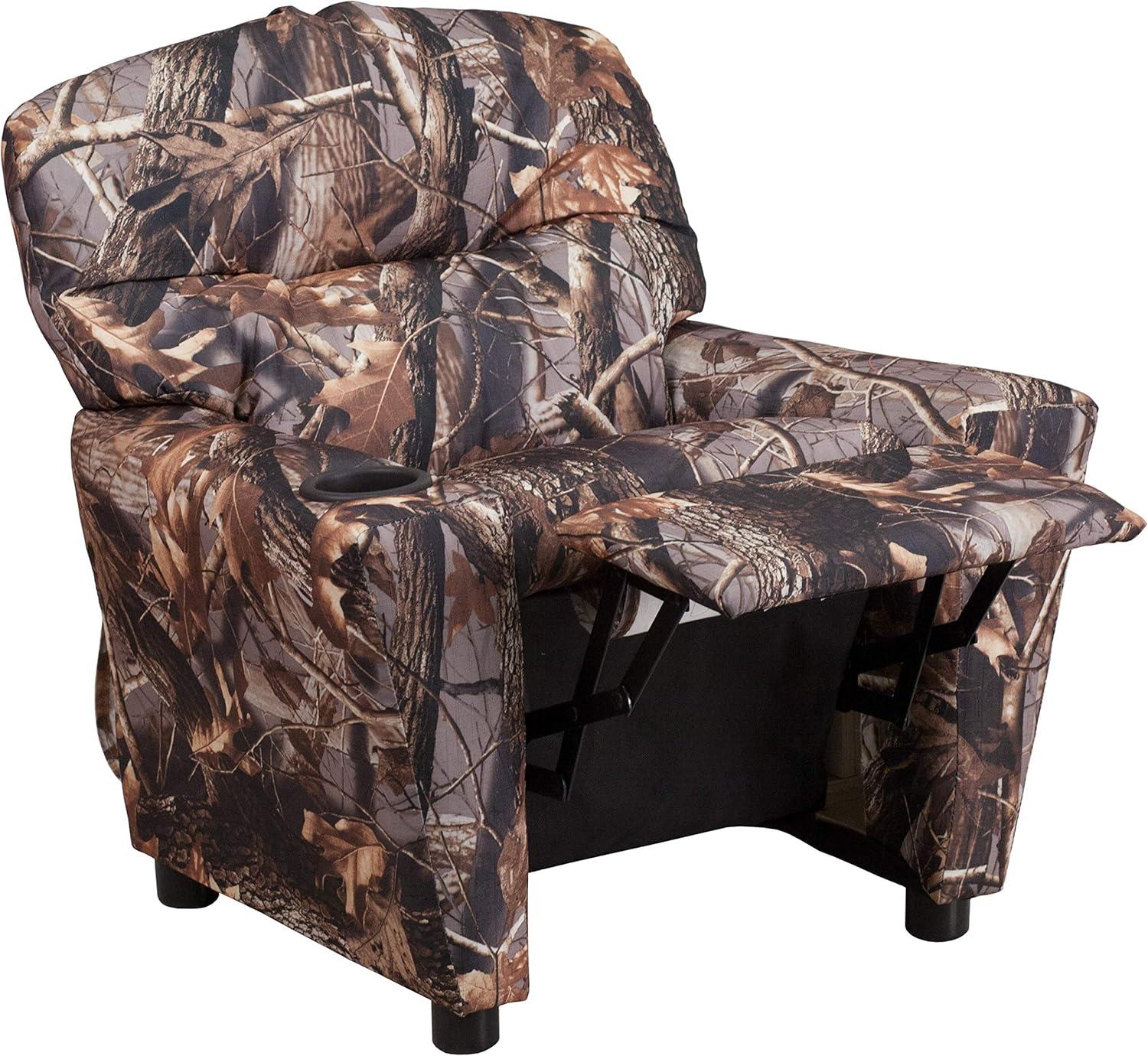 imageFlash Furniture Chandler LeatherSoft Kids Recliner with Cup Holder and Safety Recline Contemporary Reclining Chair for Kids Supports up to 90 lbs BlackCamouflage Fabric