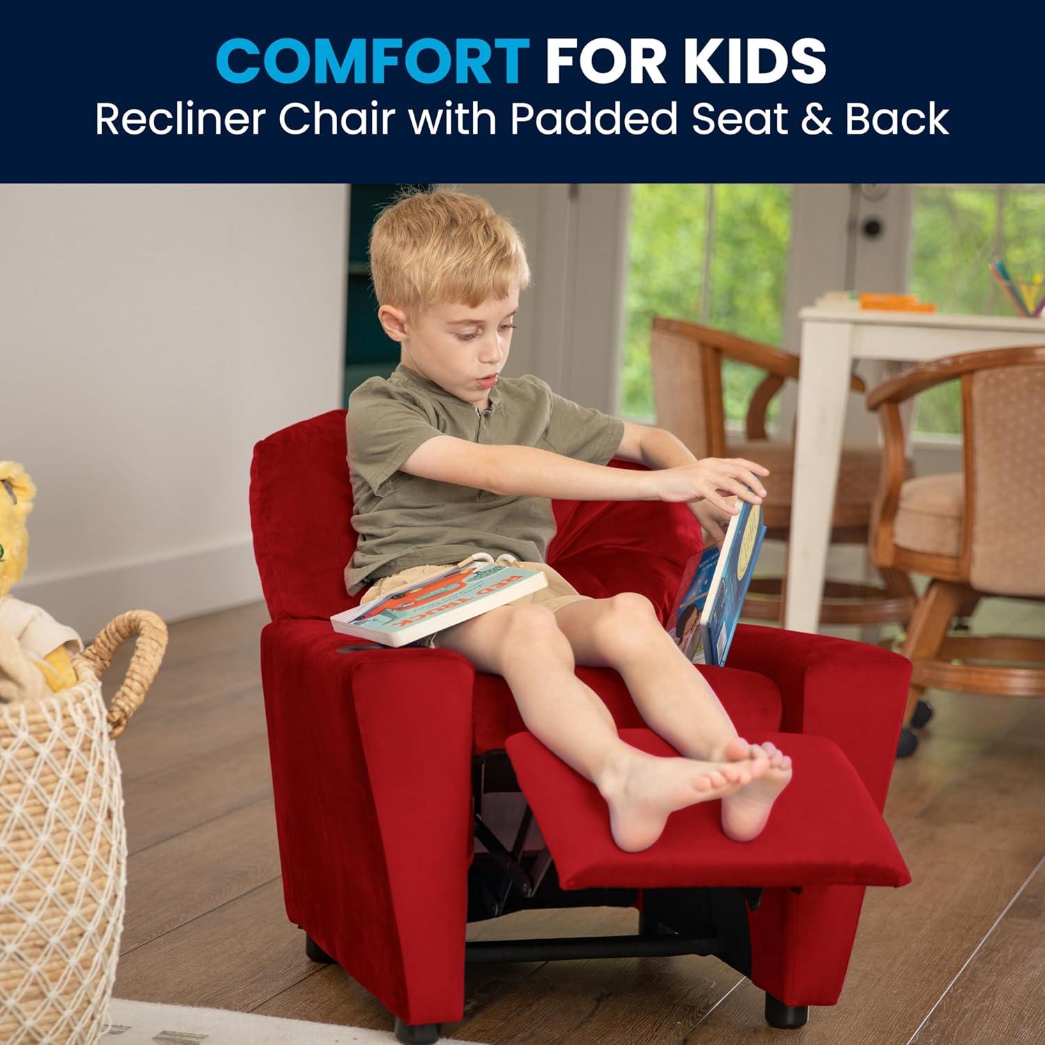 imageFlash Furniture Chandler LeatherSoft Kids Recliner with Cup Holder and Safety Recline Contemporary Reclining Chair for Kids Supports up to 90 lbs BlackRed Microfiber