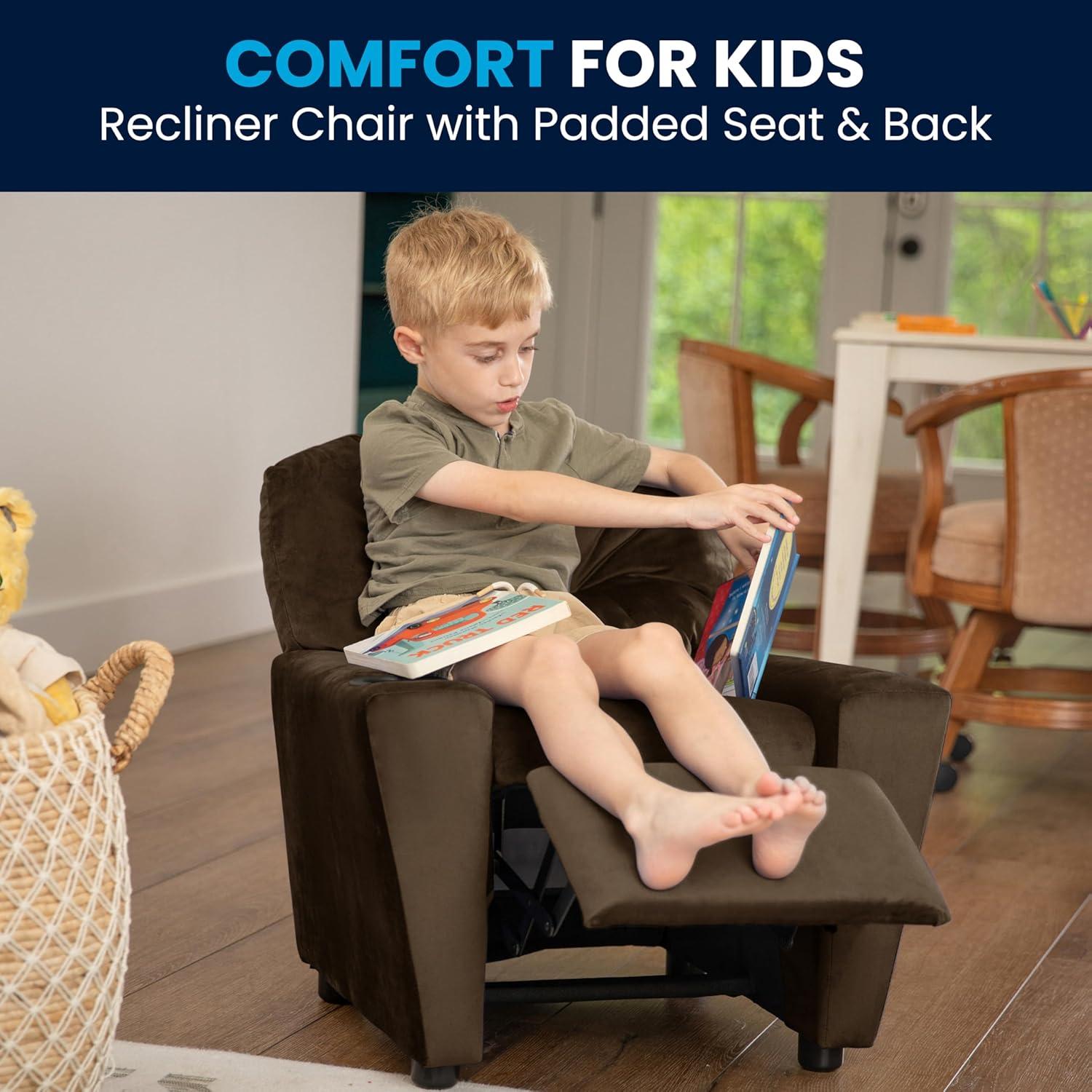 imageFlash Furniture Chandler LeatherSoft Kids Recliner with Cup Holder and Safety Recline Contemporary Reclining Chair for Kids Supports up to 90 lbs BlackBrown Microfiber