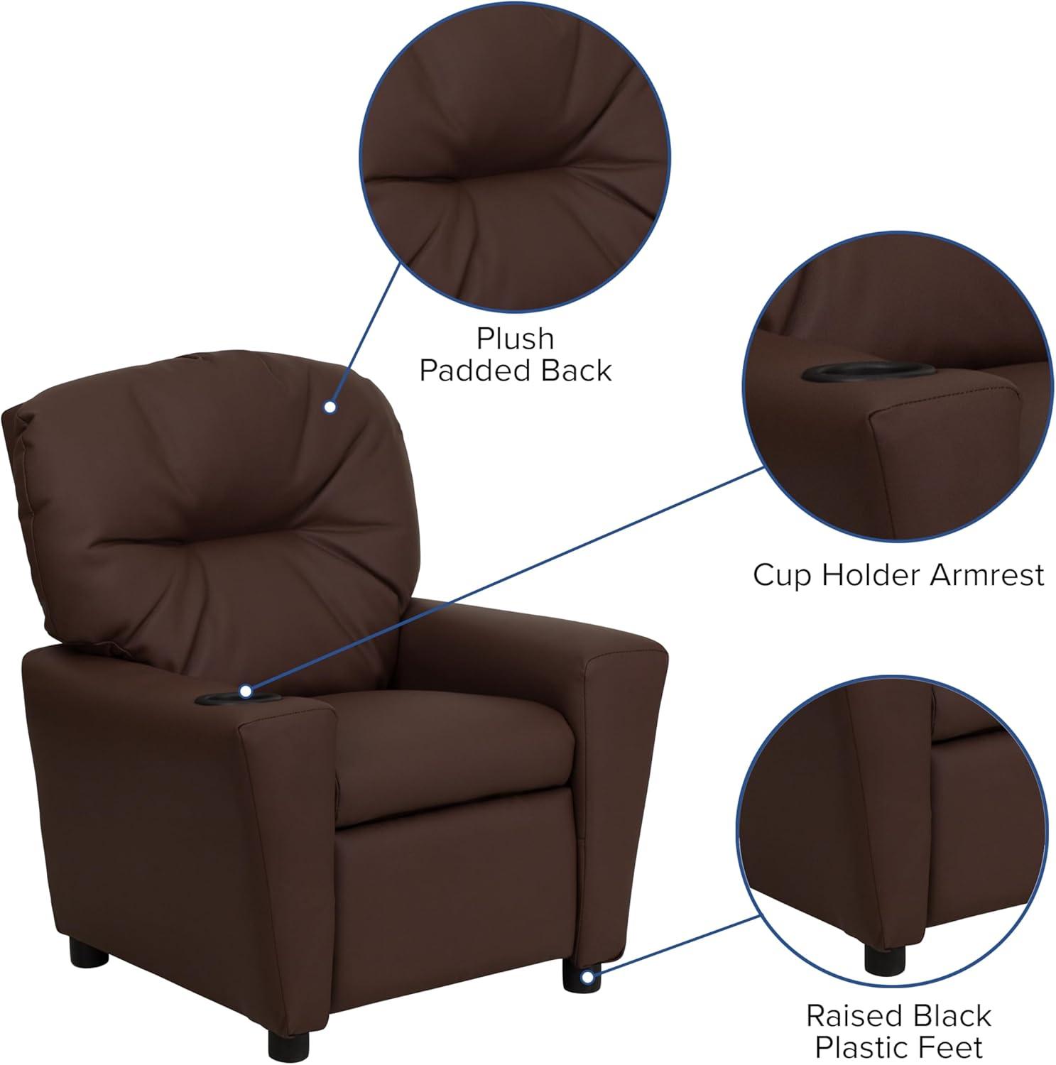 imageFlash Furniture Chandler LeatherSoft Kids Recliner with Cup Holder and Safety Recline Contemporary Reclining Chair for Kids Supports up to 90 lbs BlackBrown Leathersoft