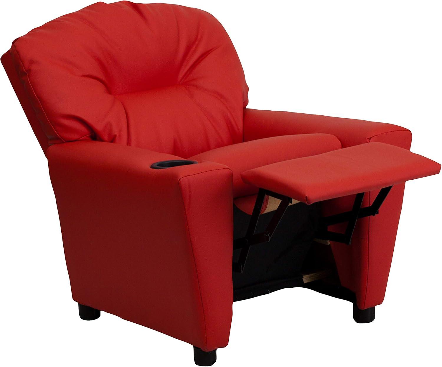 imageFlash Furniture Chandler LeatherSoft Kids Recliner with Cup Holder and Safety Recline Contemporary Reclining Chair for Kids Supports up to 90 lbs BlackRed Vinyl