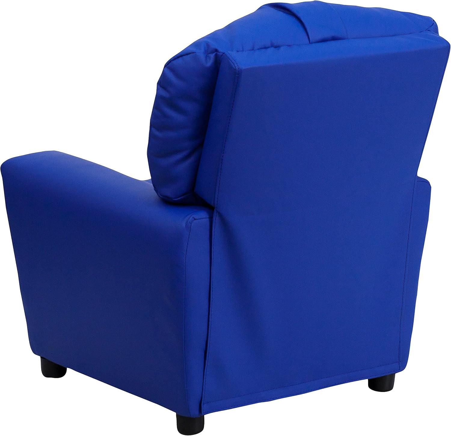 imageFlash Furniture Chandler LeatherSoft Kids Recliner with Cup Holder and Safety Recline Contemporary Reclining Chair for Kids Supports up to 90 lbs BlackBlue Vinyl