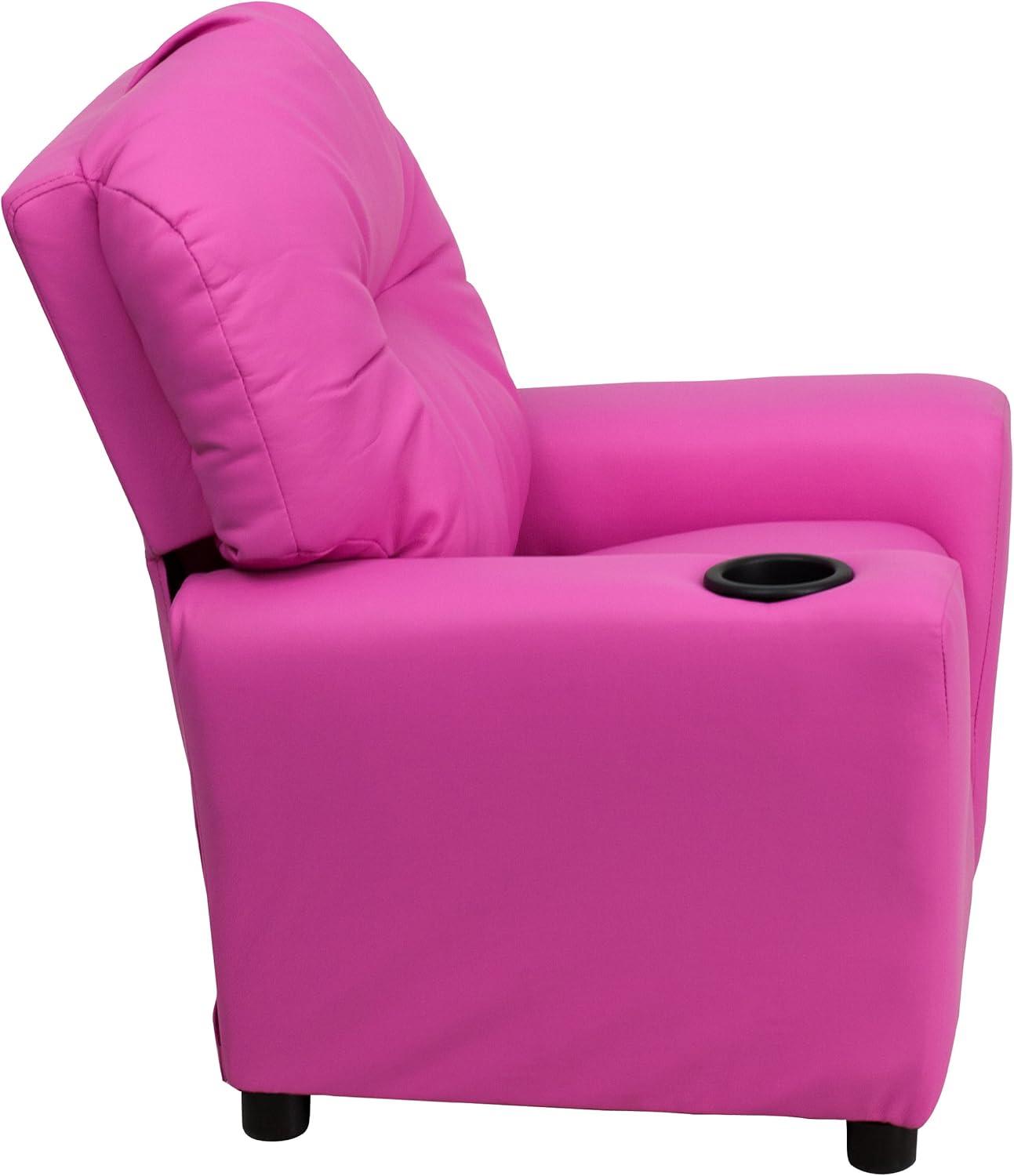 imageFlash Furniture Chandler LeatherSoft Kids Recliner with Cup Holder and Safety Recline Contemporary Reclining Chair for Kids Supports up to 90 lbs BlackHot Pink Vinyl