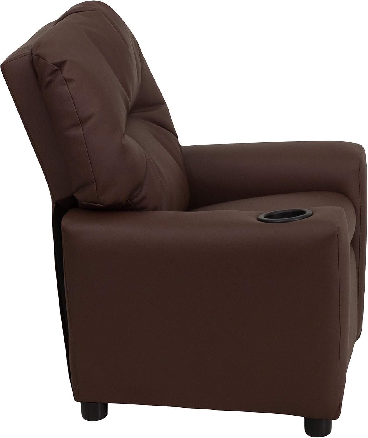 imageFlash Furniture Chandler LeatherSoft Kids Recliner with Cup Holder and Safety Recline Contemporary Reclining Chair for Kids Supports up to 90 lbs BlackBrown Leathersoft
