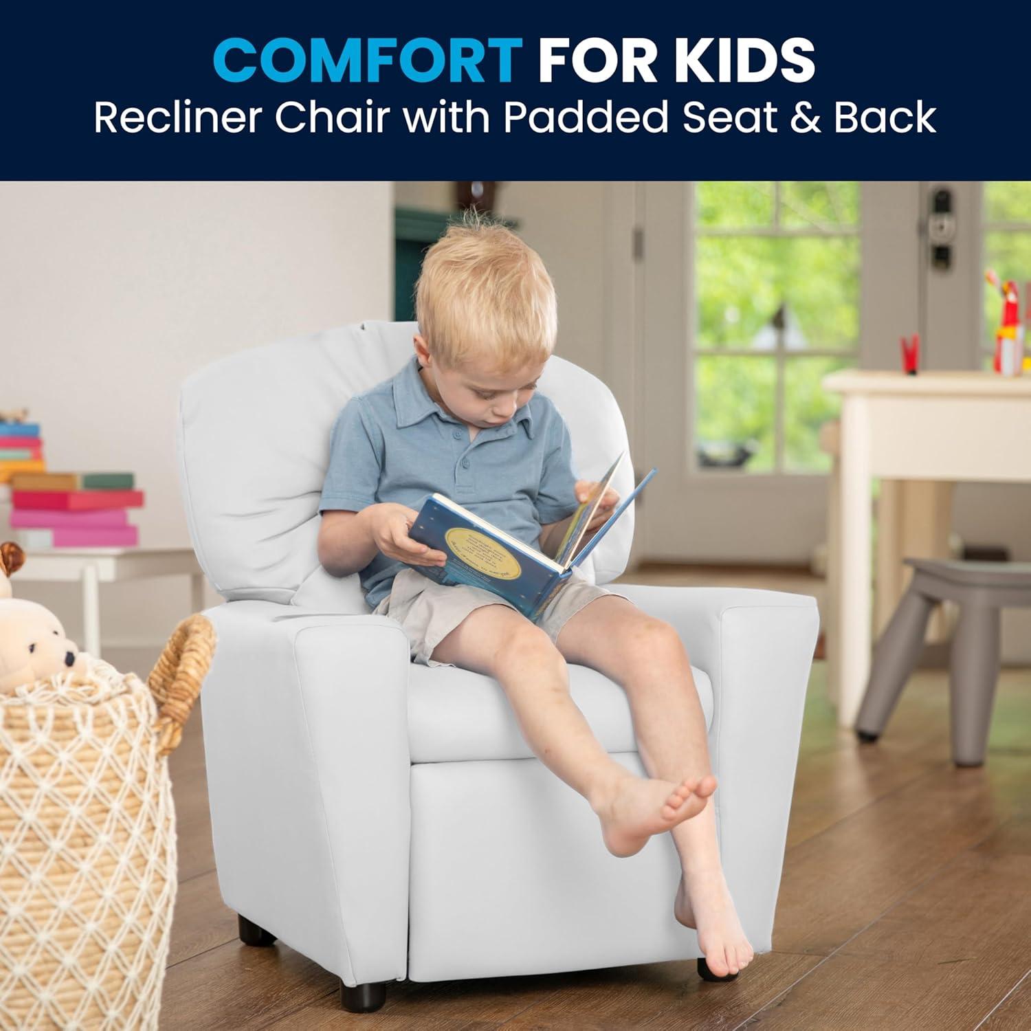 imageFlash Furniture Chandler LeatherSoft Kids Recliner with Cup Holder and Safety Recline Contemporary Reclining Chair for Kids Supports up to 90 lbs BlackWhite Vinyl