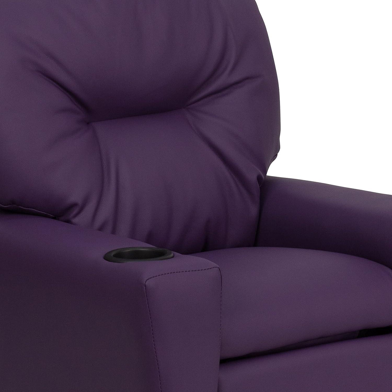 imageFlash Furniture Chandler LeatherSoft Kids Recliner with Cup Holder and Safety Recline Contemporary Reclining Chair for Kids Supports up to 90 lbs BlackPurple Vinyl
