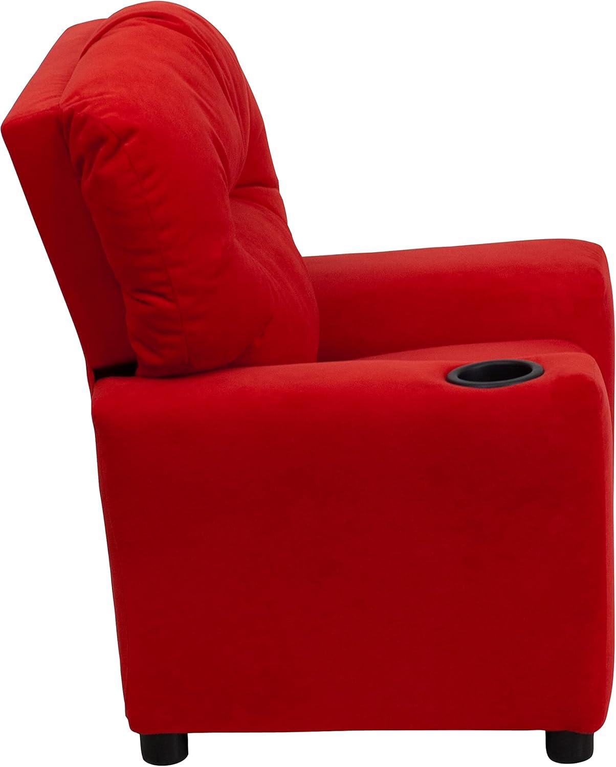 imageFlash Furniture Chandler LeatherSoft Kids Recliner with Cup Holder and Safety Recline Contemporary Reclining Chair for Kids Supports up to 90 lbs BlackRed Microfiber