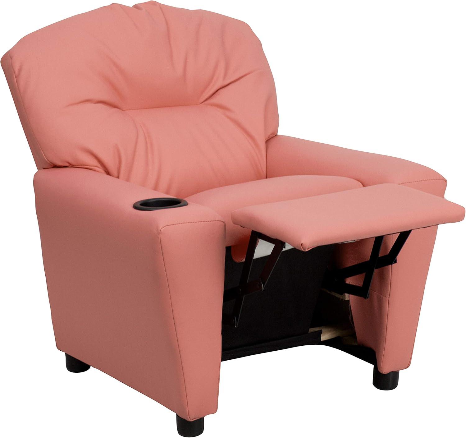 imageFlash Furniture Chandler LeatherSoft Kids Recliner with Cup Holder and Safety Recline Contemporary Reclining Chair for Kids Supports up to 90 lbs BlackPink Vinyl