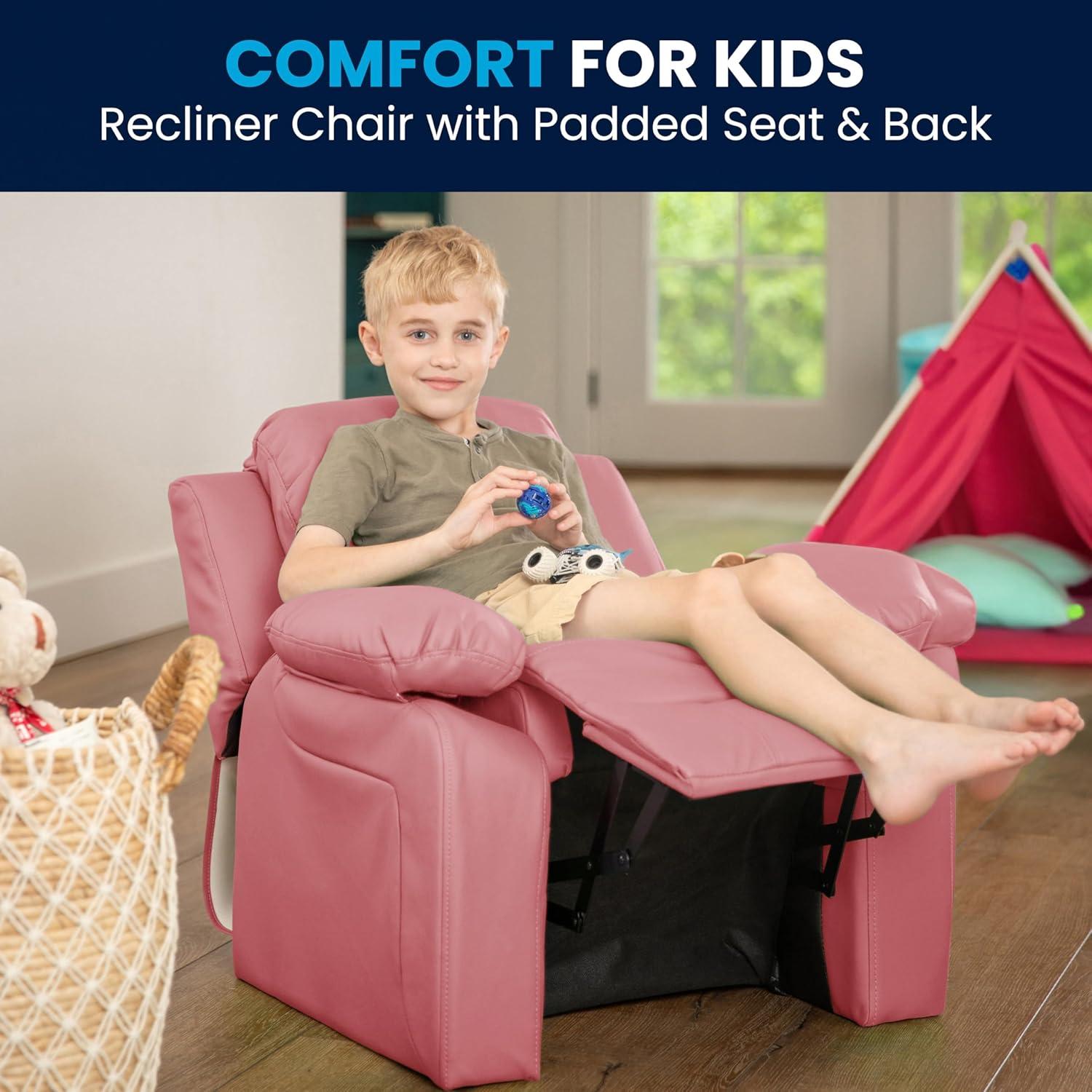 imageFlash Furniture Charlie Microfiber Kids Recliner with FlipUp Storage Arms and Safety Recline Contemporary Reclining Chair for Kids Supports up to 90 lbs PurplePink Vinyl