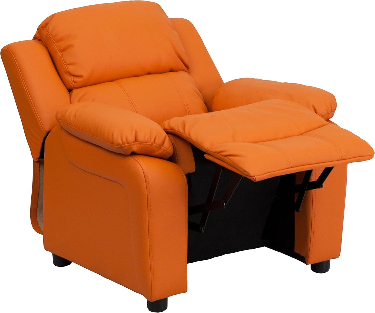 imageFlash Furniture Charlie Microfiber Kids Recliner with FlipUp Storage Arms and Safety Recline Contemporary Reclining Chair for Kids Supports up to 90 lbs PurpleOrange Vinyl