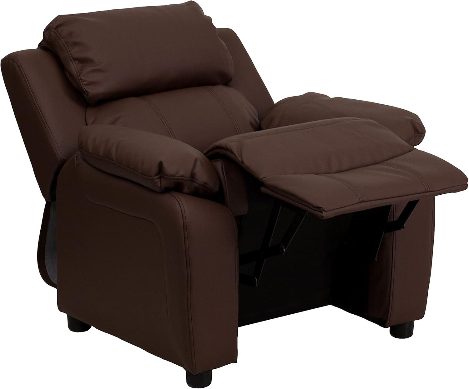 imageFlash Furniture Charlie Microfiber Kids Recliner with FlipUp Storage Arms and Safety Recline Contemporary Reclining Chair for Kids Supports up to 90 lbs PurpleBrown Leathersoft