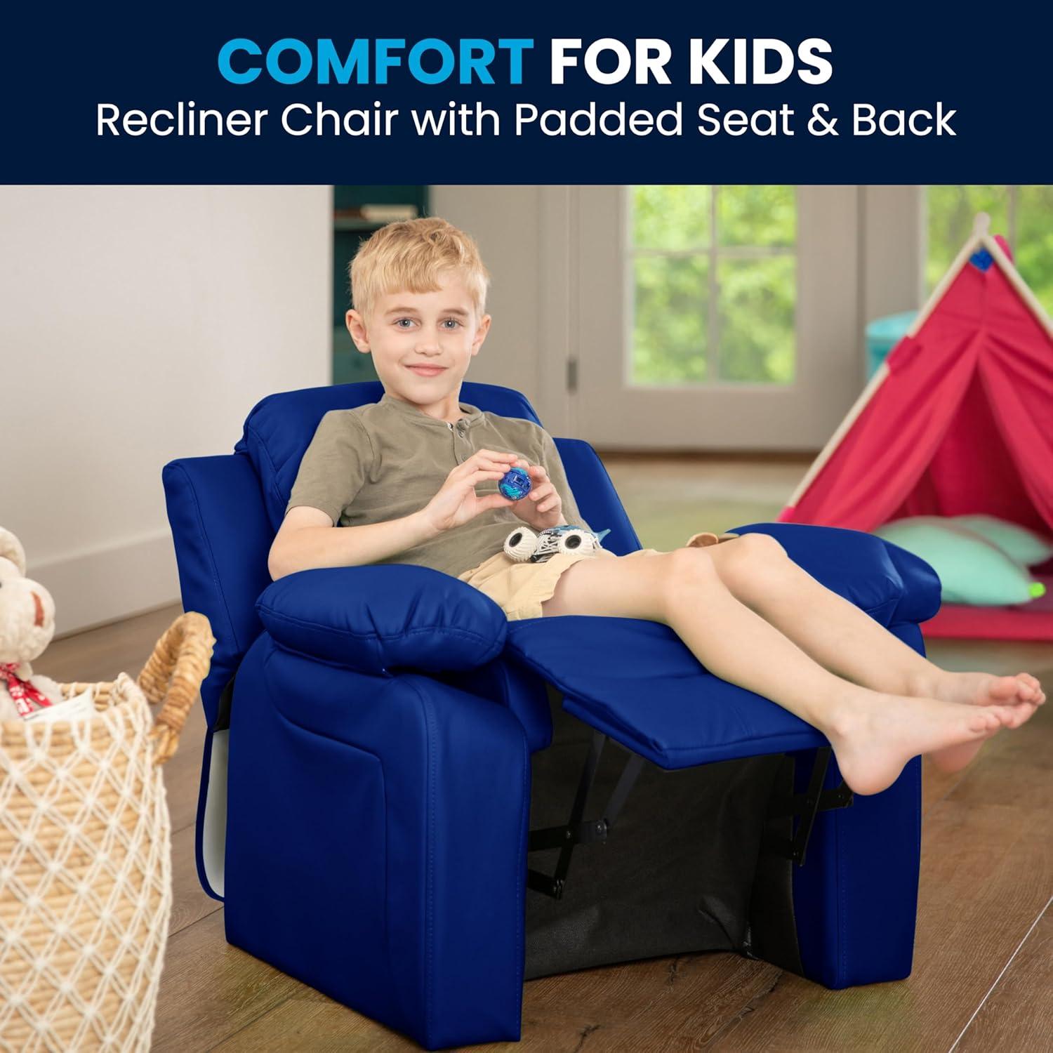 imageFlash Furniture Charlie Microfiber Kids Recliner with FlipUp Storage Arms and Safety Recline Contemporary Reclining Chair for Kids Supports up to 90 lbs PurpleBlue Vinyl