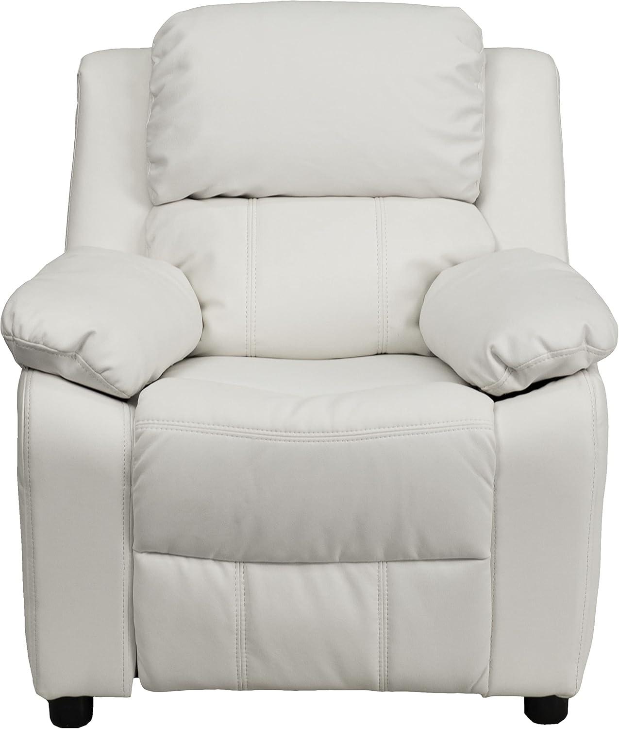 imageFlash Furniture Charlie Microfiber Kids Recliner with FlipUp Storage Arms and Safety Recline Contemporary Reclining Chair for Kids Supports up to 90 lbs PurpleWhite Vinyl