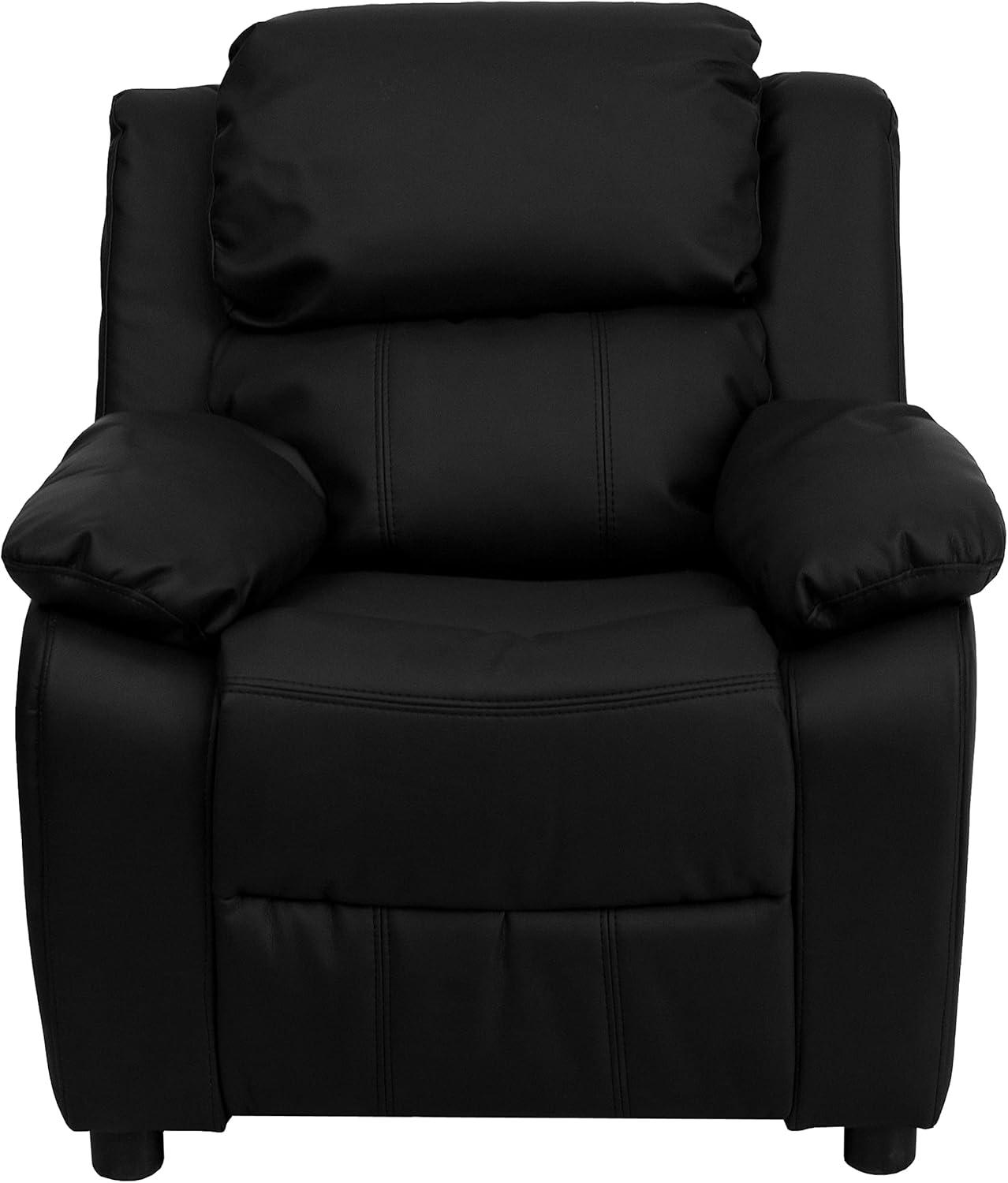 imageFlash Furniture Charlie Microfiber Kids Recliner with FlipUp Storage Arms and Safety Recline Contemporary Reclining Chair for Kids Supports up to 90 lbs PurpleBlack Leathersoft