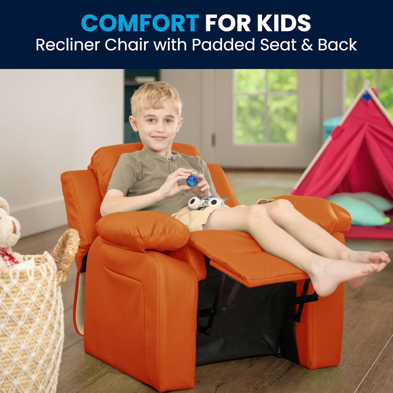 imageFlash Furniture Charlie Microfiber Kids Recliner with FlipUp Storage Arms and Safety Recline Contemporary Reclining Chair for Kids Supports up to 90 lbs PurpleOrange Vinyl