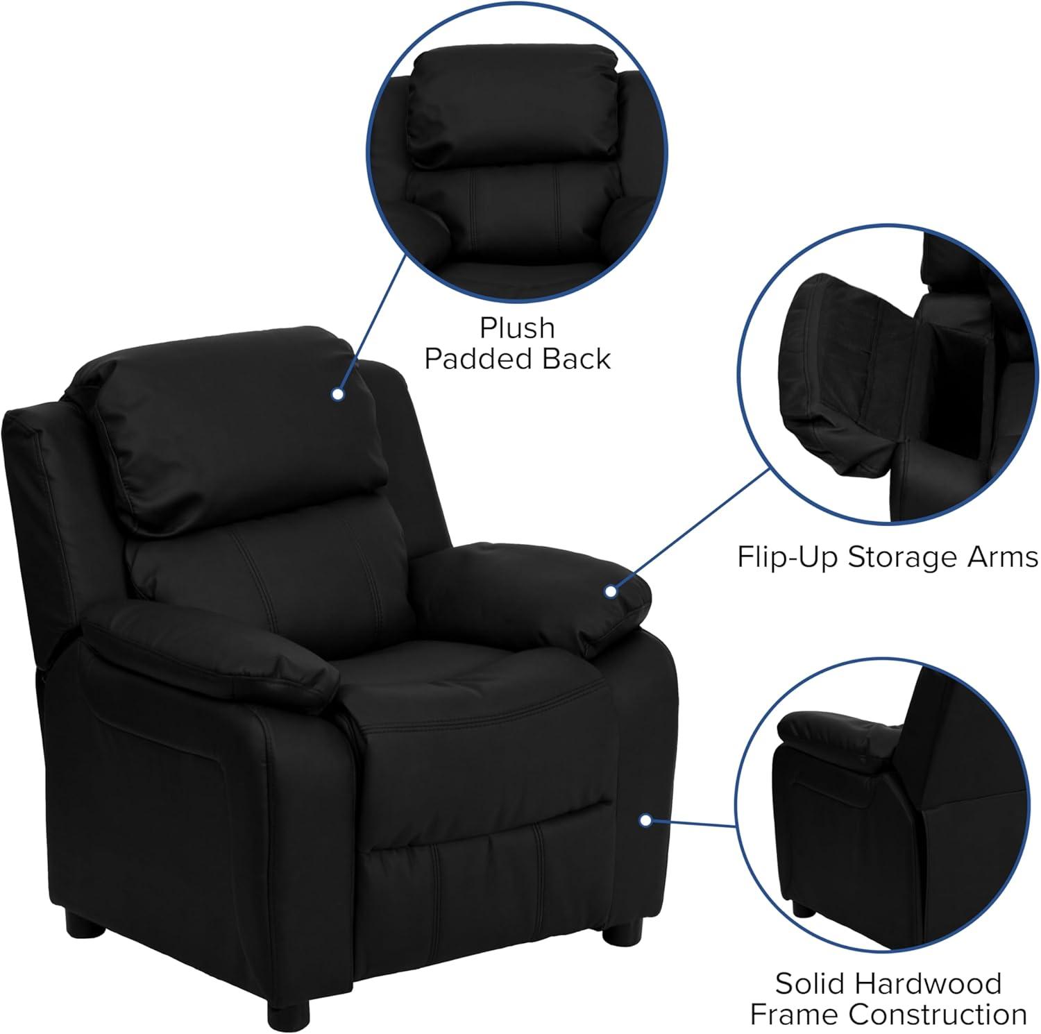 imageFlash Furniture Charlie Microfiber Kids Recliner with FlipUp Storage Arms and Safety Recline Contemporary Reclining Chair for Kids Supports up to 90 lbs PurpleBlack Leathersoft
