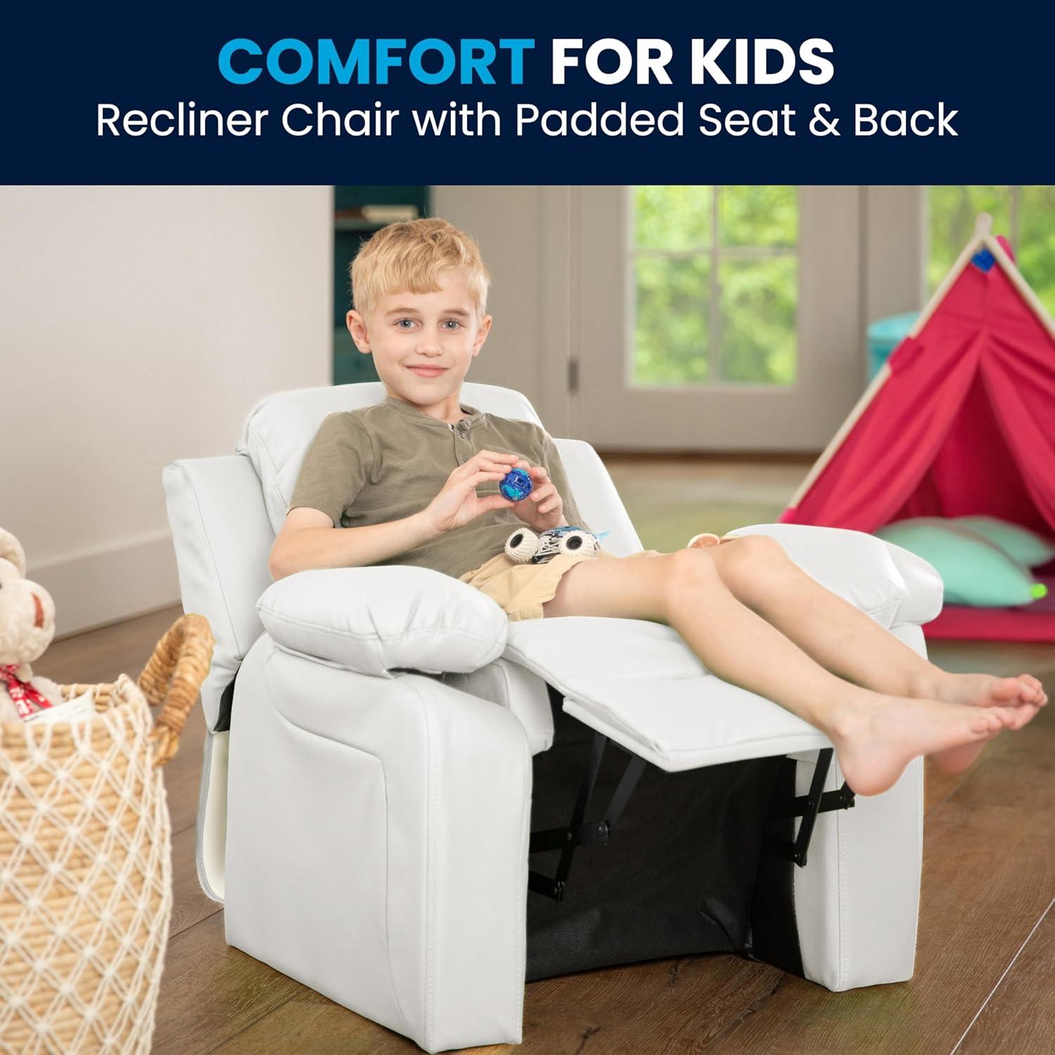 imageFlash Furniture Charlie Microfiber Kids Recliner with FlipUp Storage Arms and Safety Recline Contemporary Reclining Chair for Kids Supports up to 90 lbs PurpleWhite Vinyl