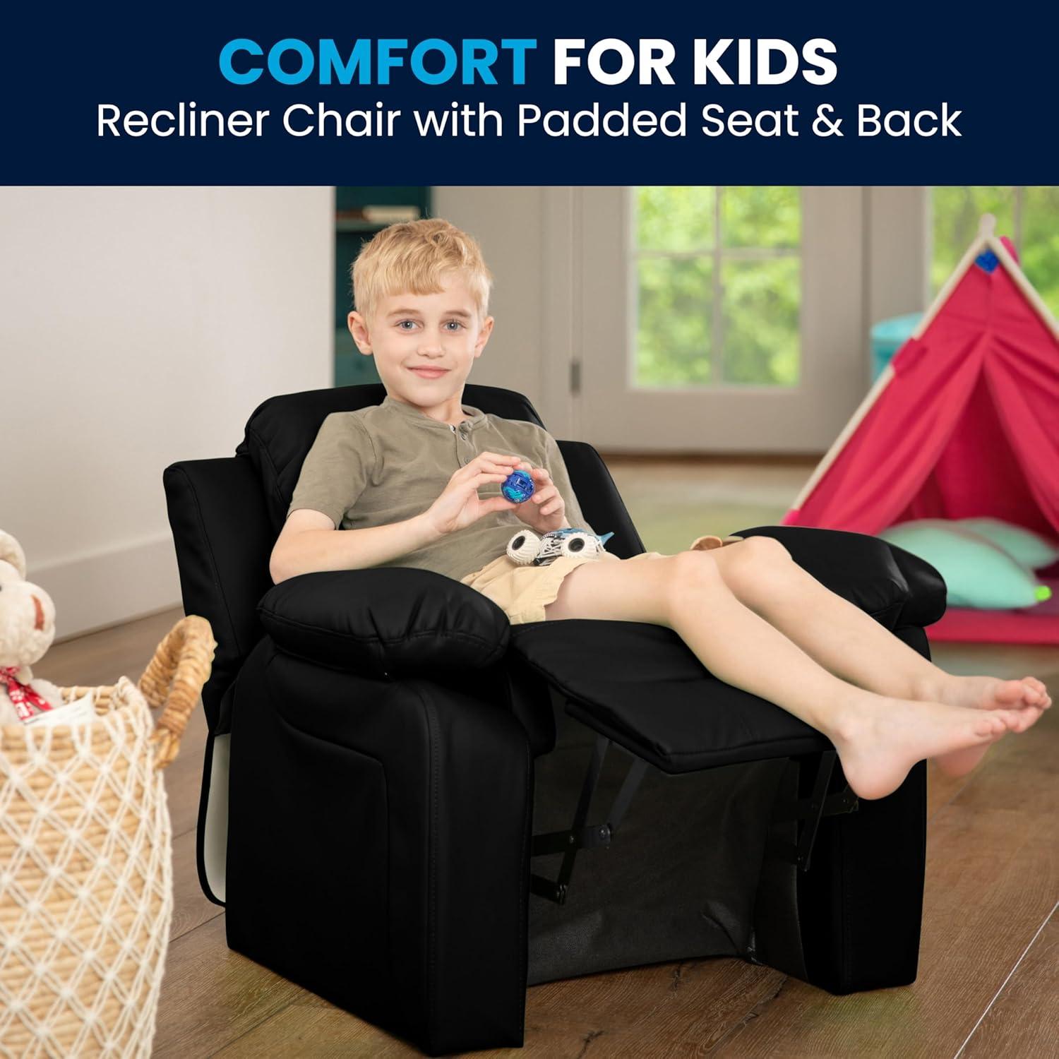 imageFlash Furniture Charlie Microfiber Kids Recliner with FlipUp Storage Arms and Safety Recline Contemporary Reclining Chair for Kids Supports up to 90 lbs PurpleBlack Leathersoft